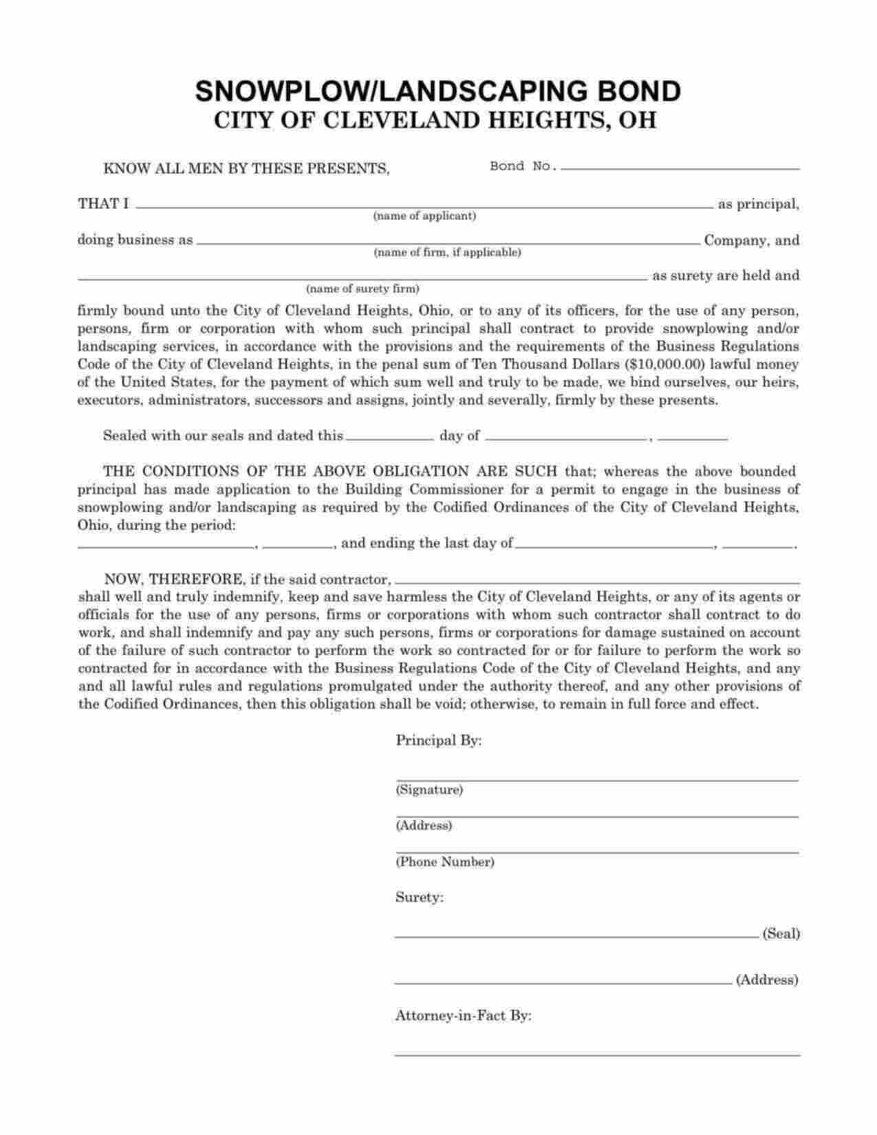 Ohio Snowplow/Landscaping Bond Form