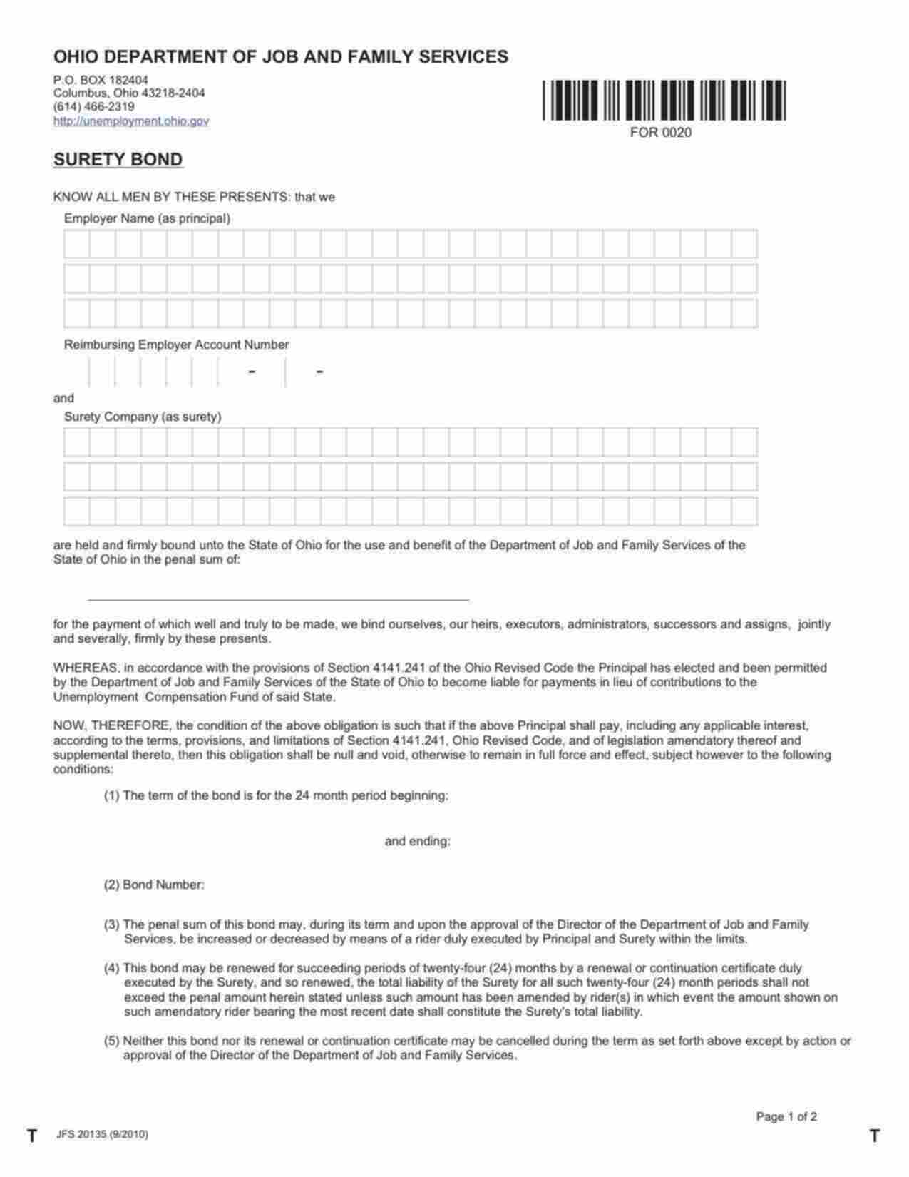 Ohio Unemployment Compensation Fund Bond Form