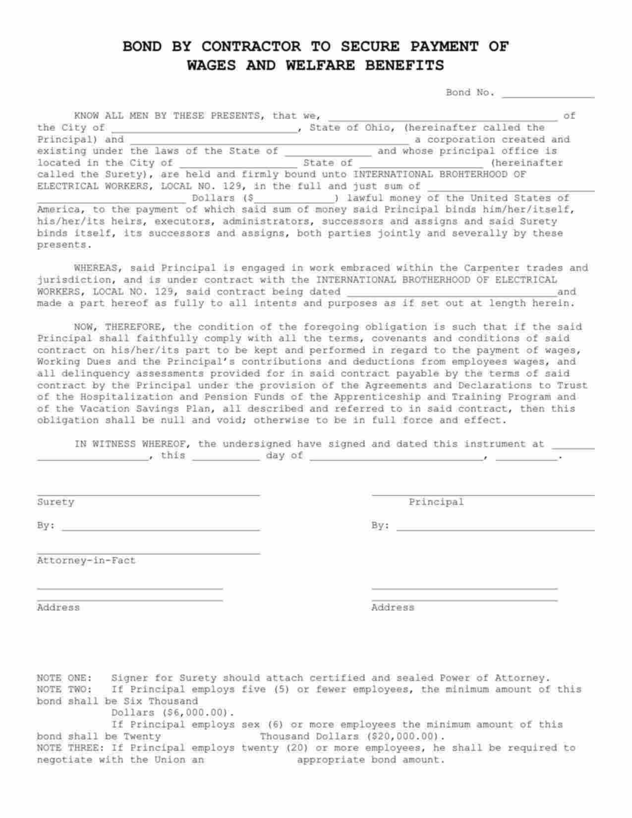 Ohio Wage and Welfare Bond Form