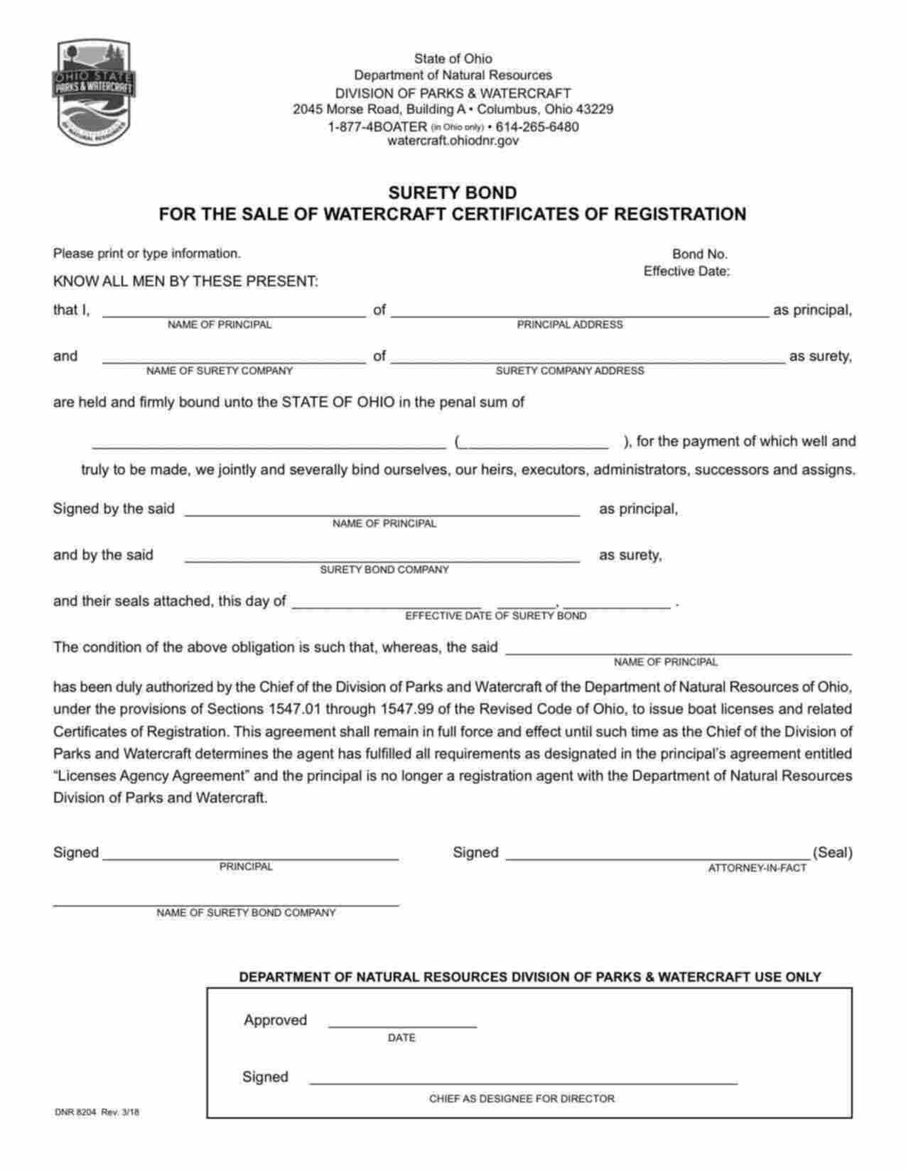 Ohio Sale of Watercraft Certificates of Registration Bond Form