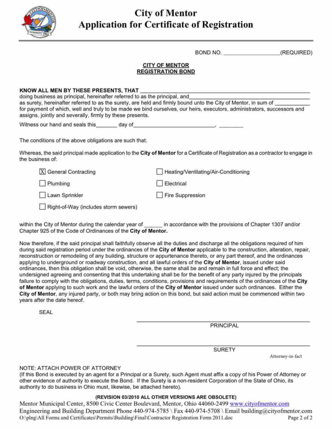 Ohio Certificate of Registration - General Contracting Bond Form