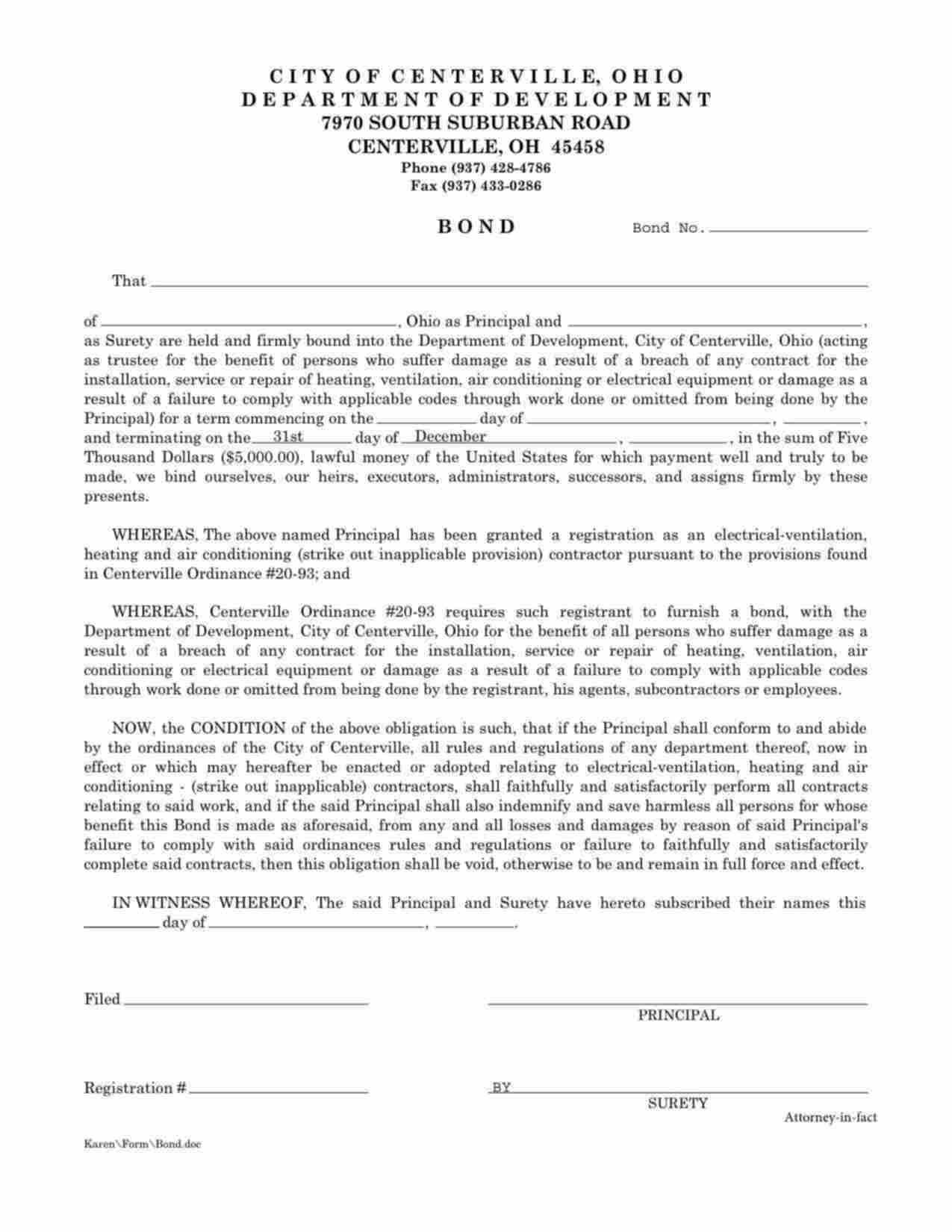 Ohio Heating and Air Conditioning (HVAC) Bond Form