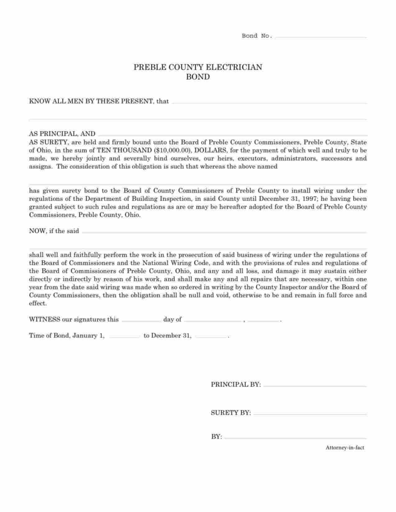 Ohio Electrician Bond Form