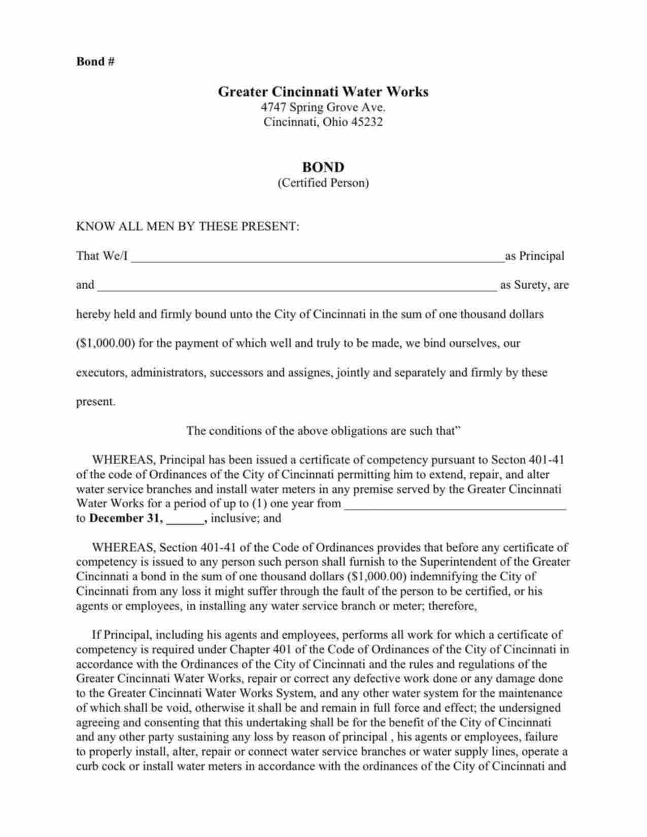 Ohio Certified Person (Water Works) Bond Form