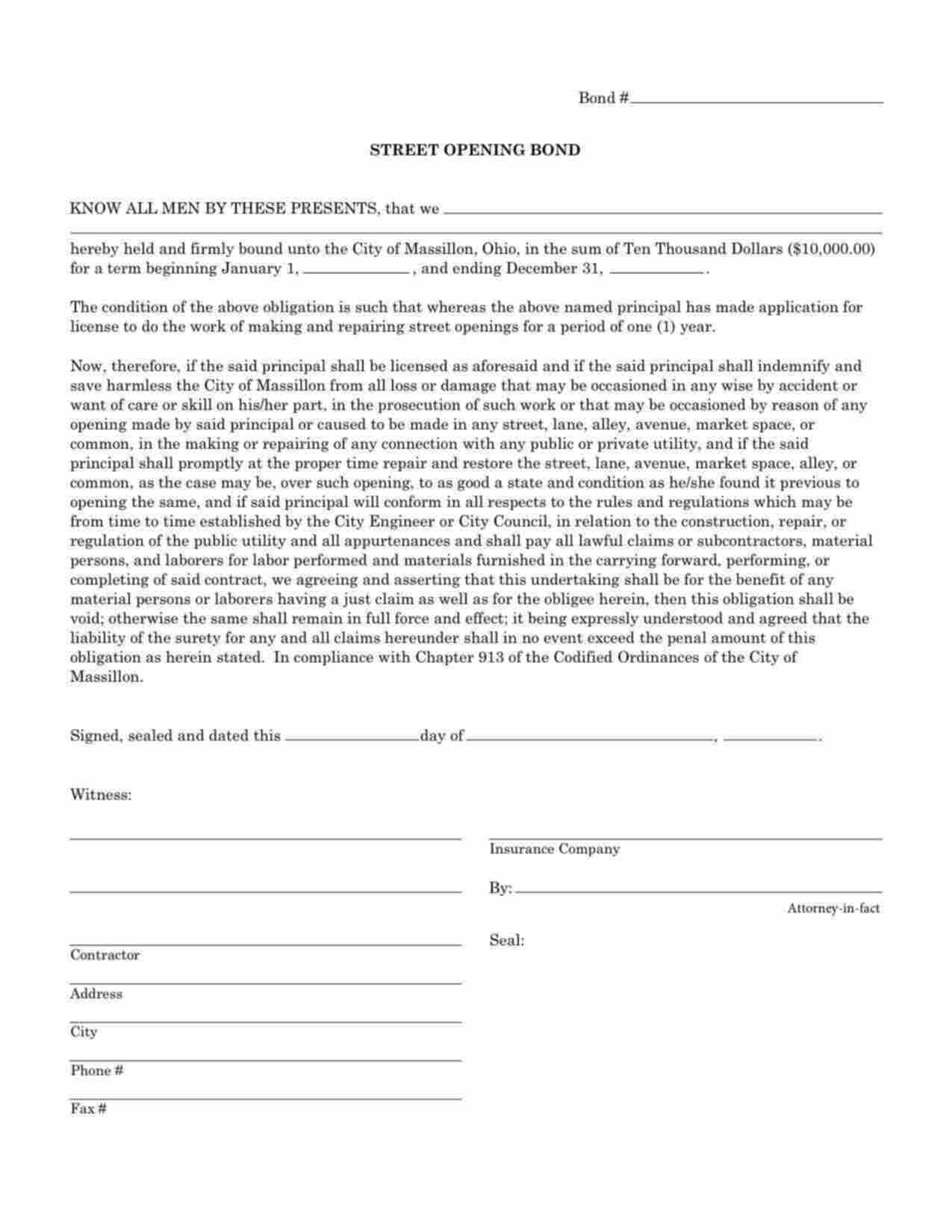 Ohio Street Opening Bond Form