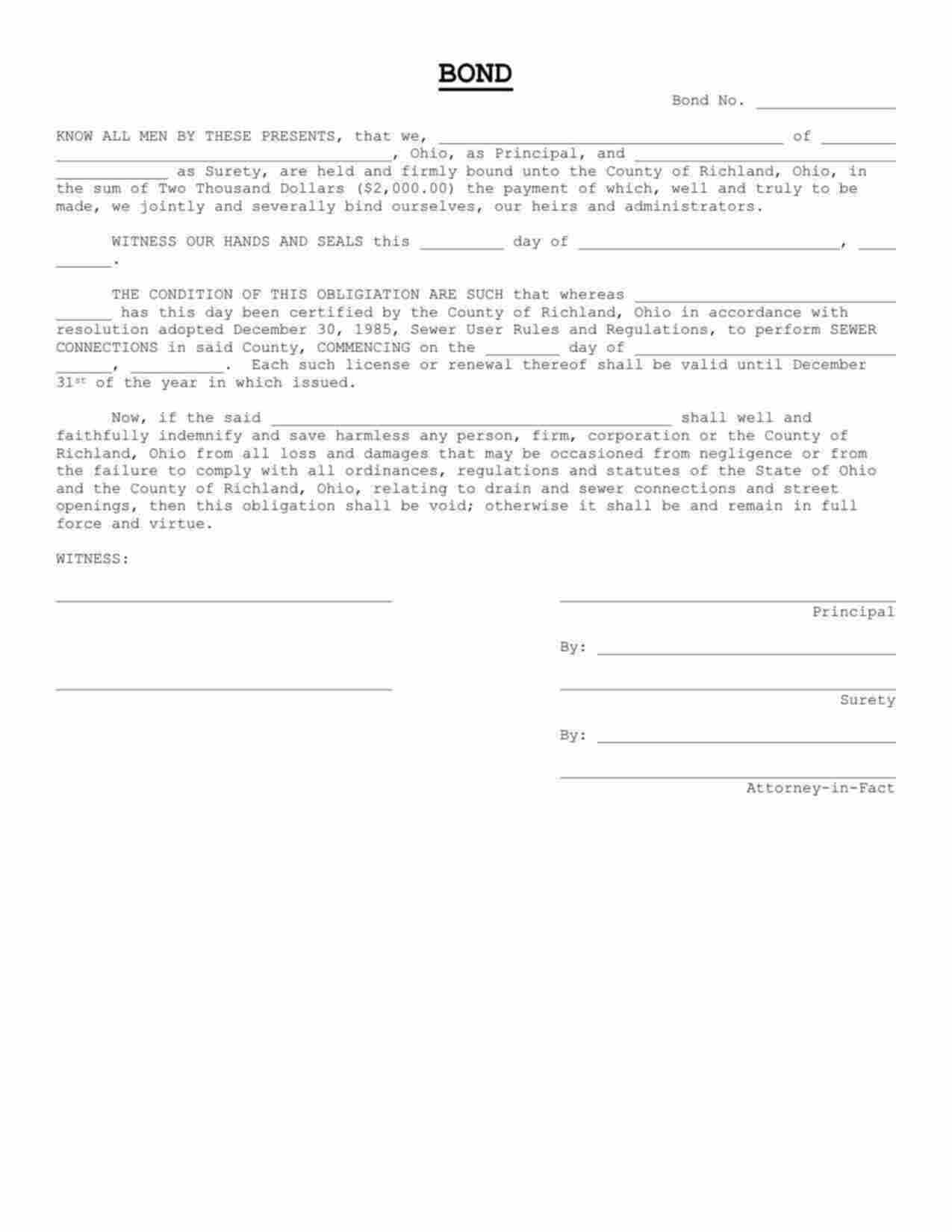 Ohio Drain and Sewer Connections/Street Opening Bond Form