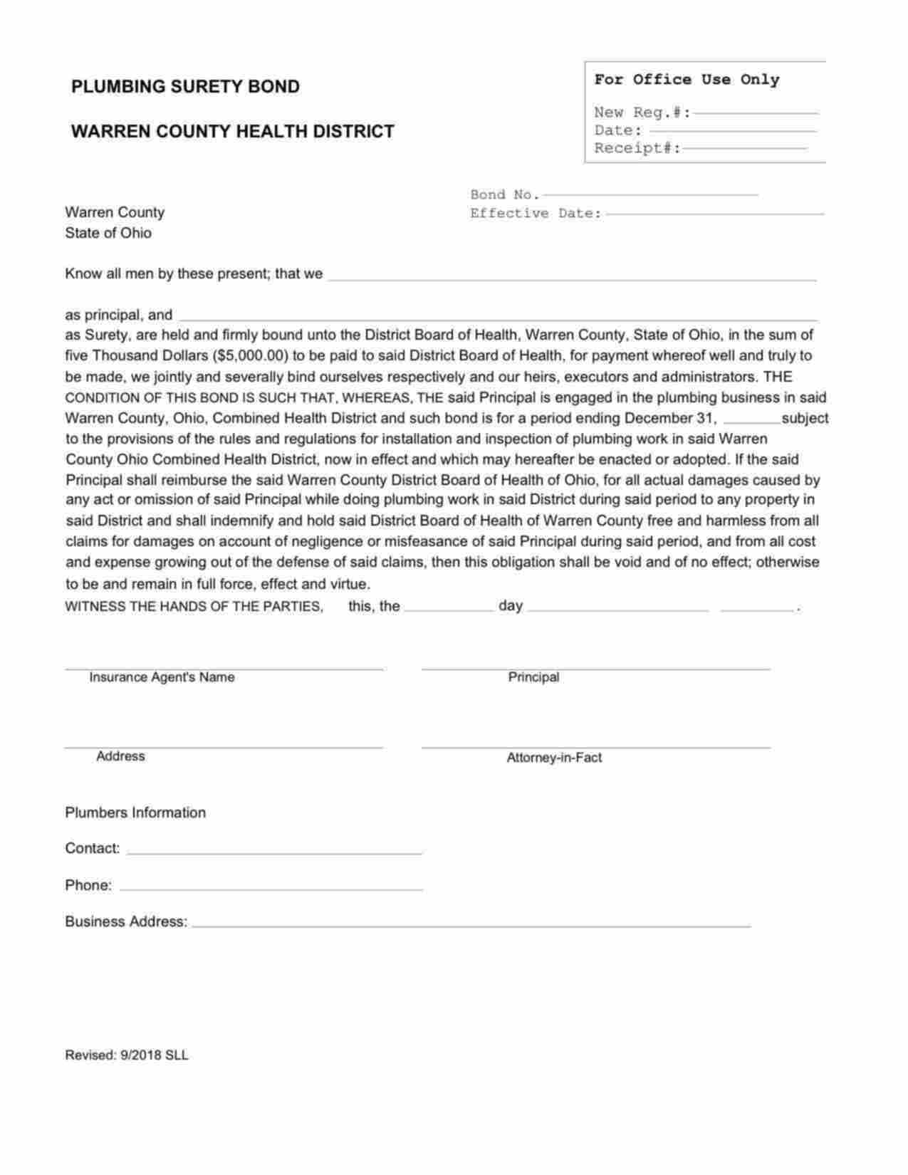 Ohio Plumbing Bond Form