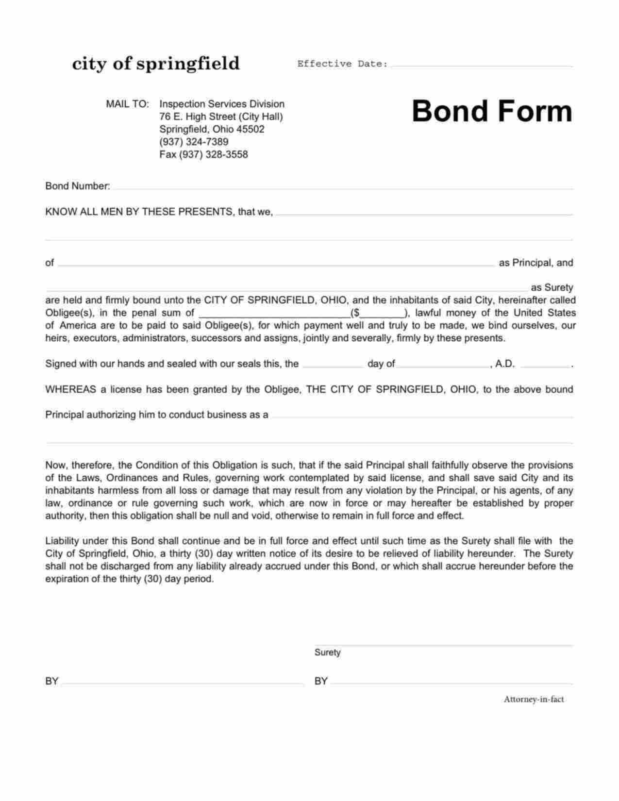 Ohio Fire Detection/Suppression Contractor Bond Form