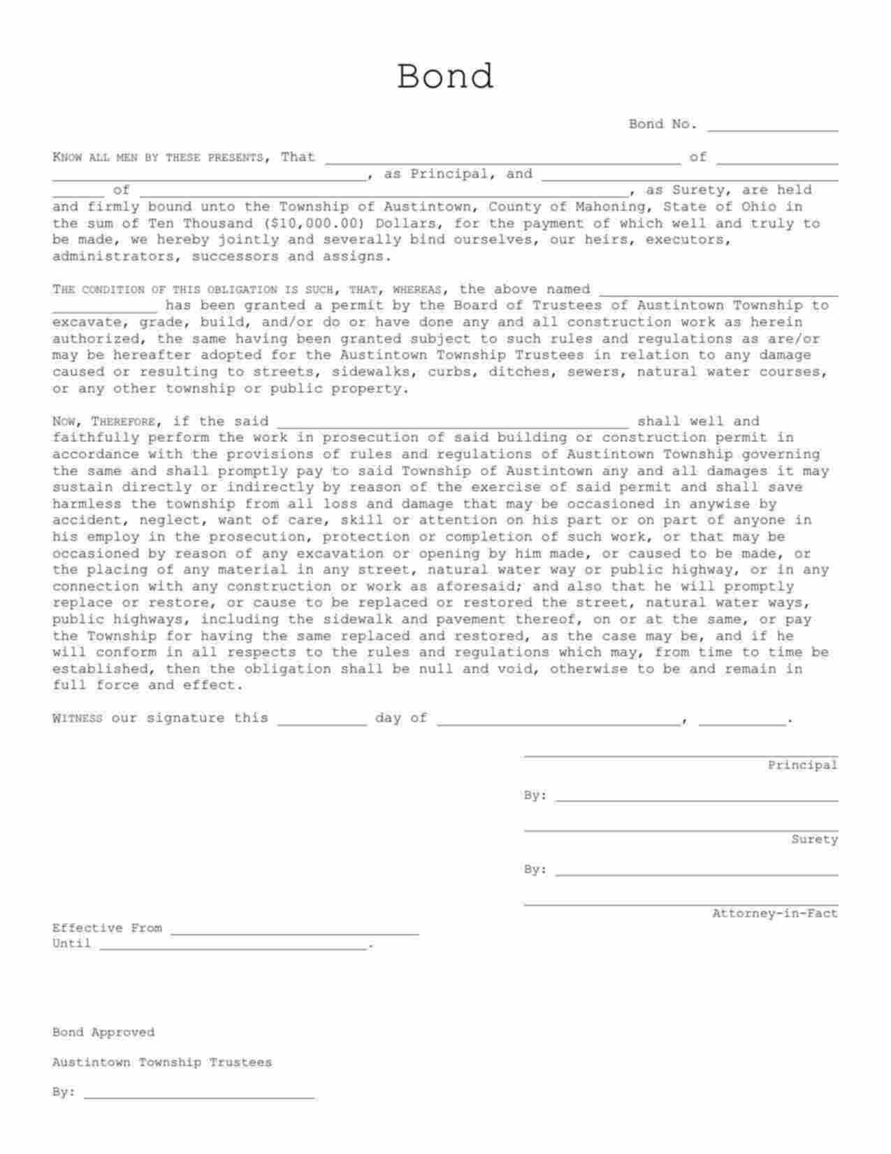 Ohio Right of Way Construction Bond Form