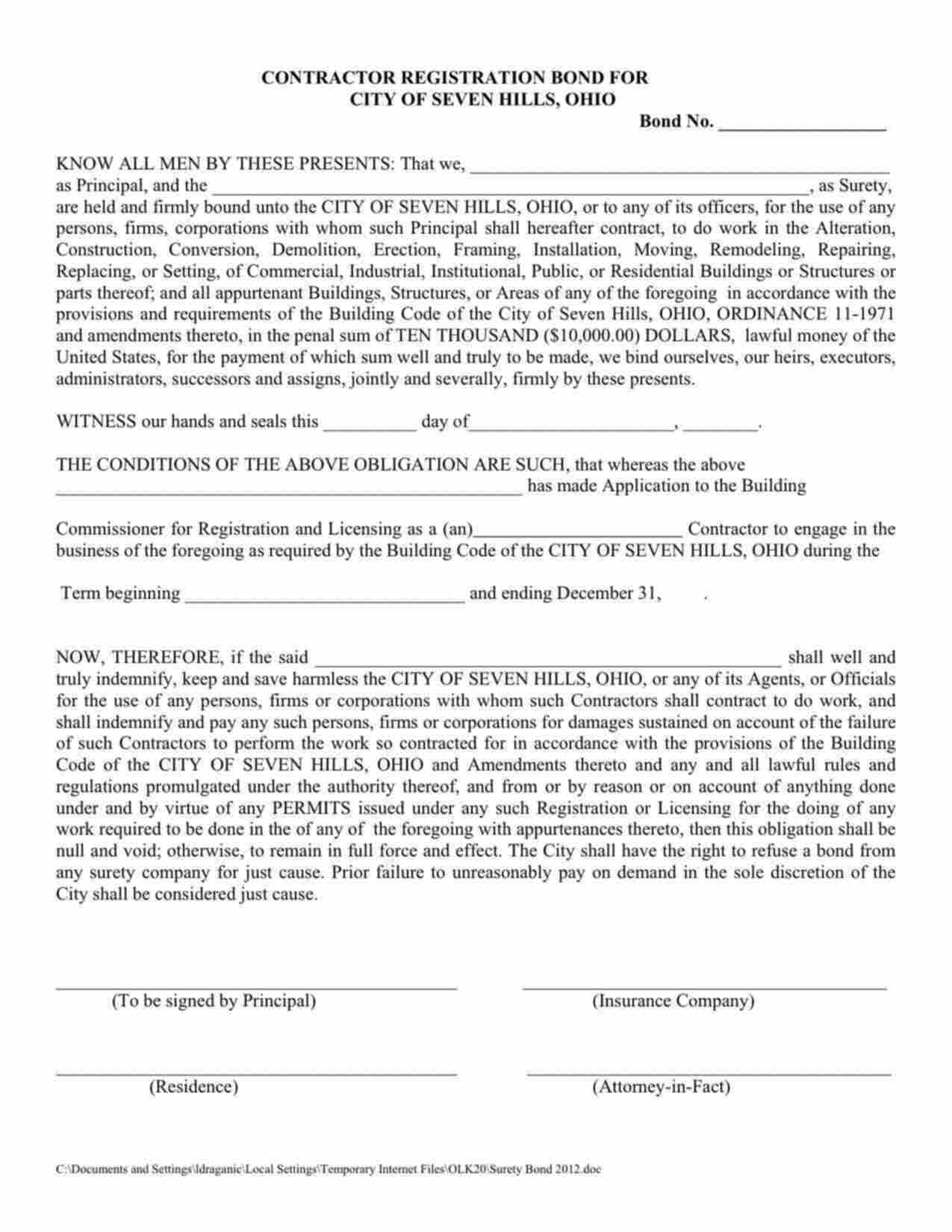 Ohio Plumbing and/or Sewer Bond Form