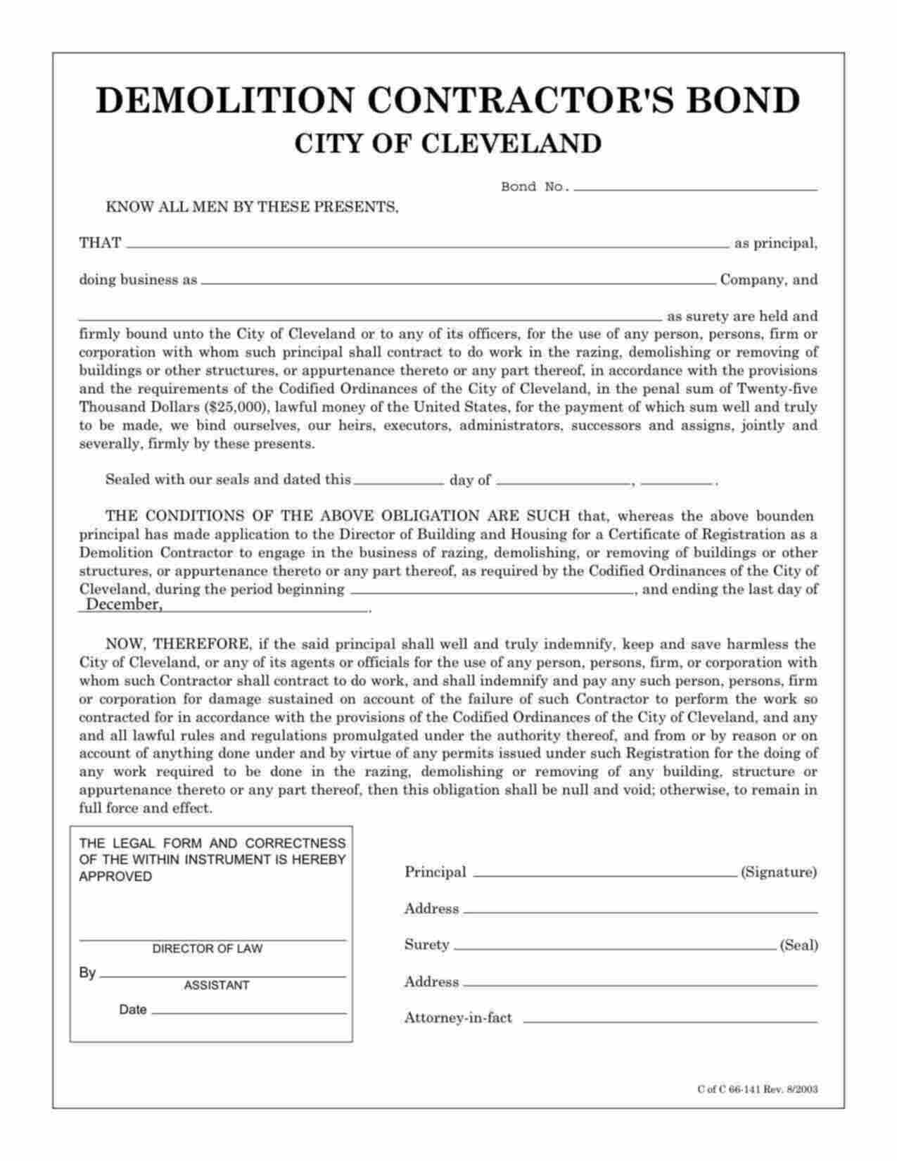 Ohio Demolition Contractor Bond Form