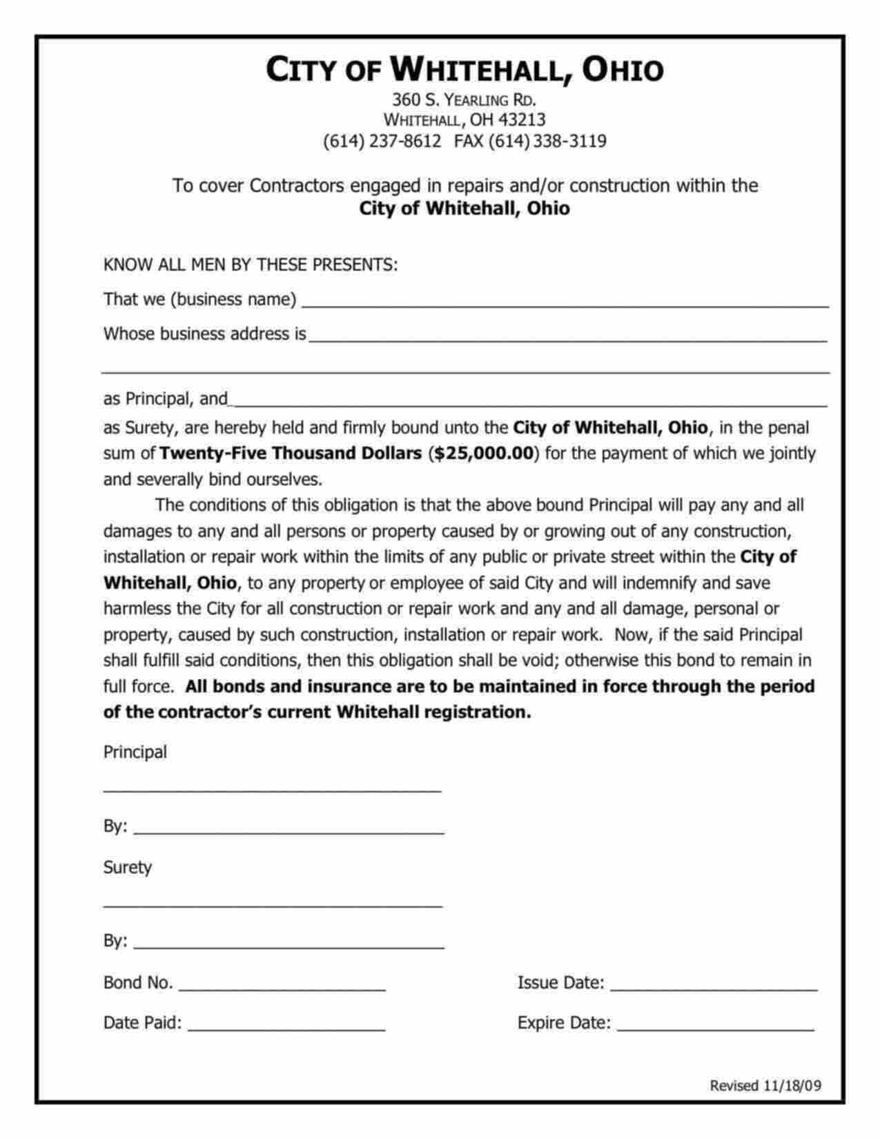 Ohio Contractor's License Bond Form