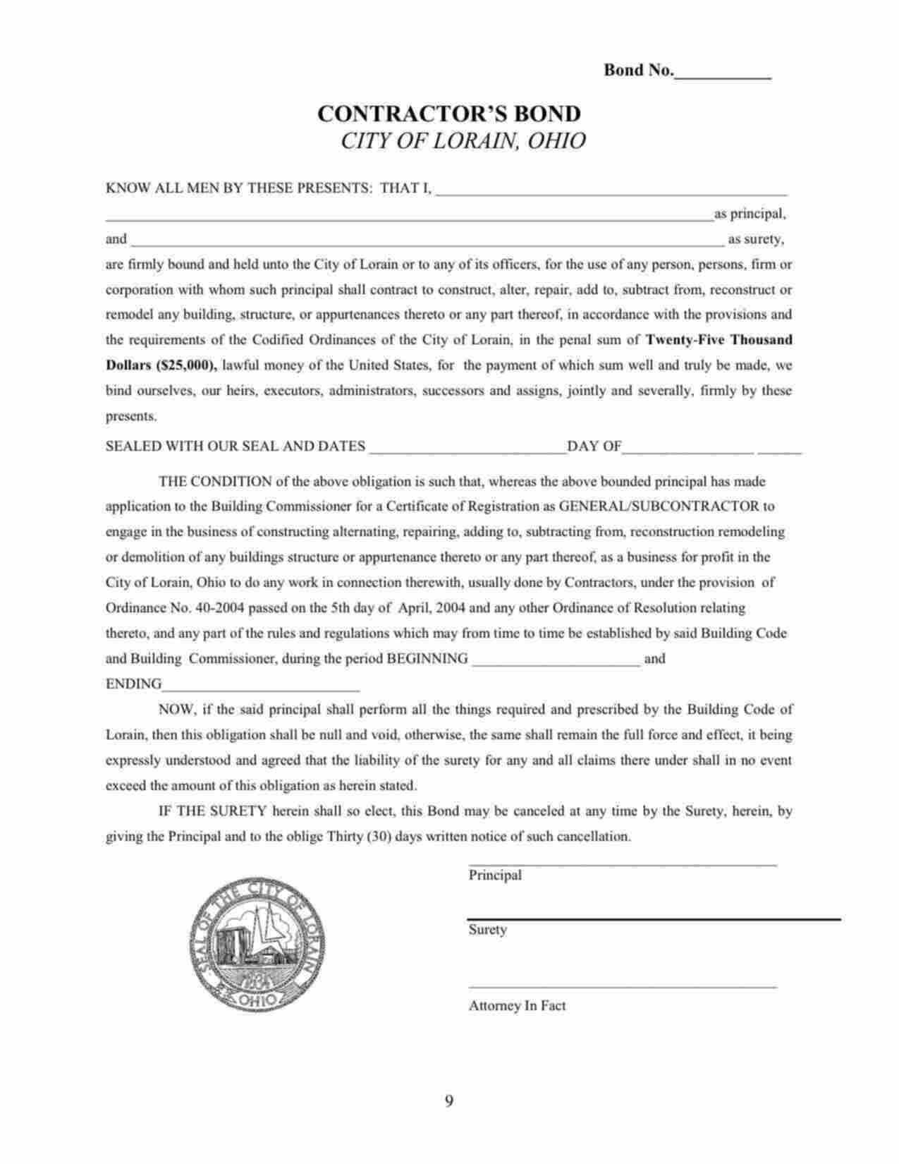 Ohio General/Sub-Contractor Bond Form