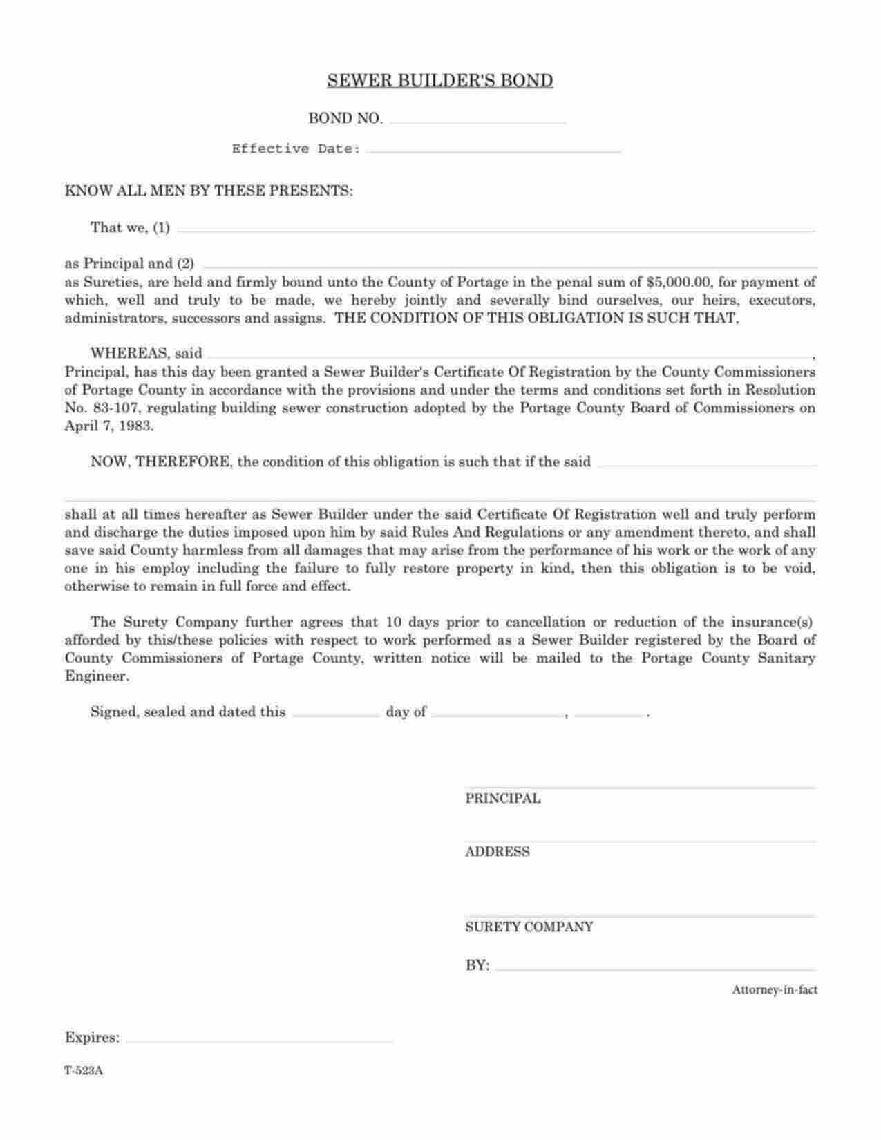 Ohio Sewer Builder Bond Form