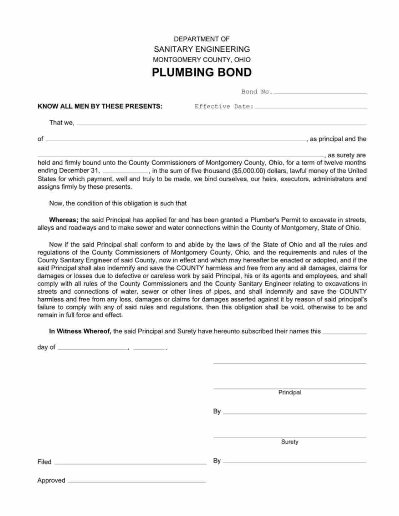 Ohio Plumbing - Excavation and Sewer Bond Form