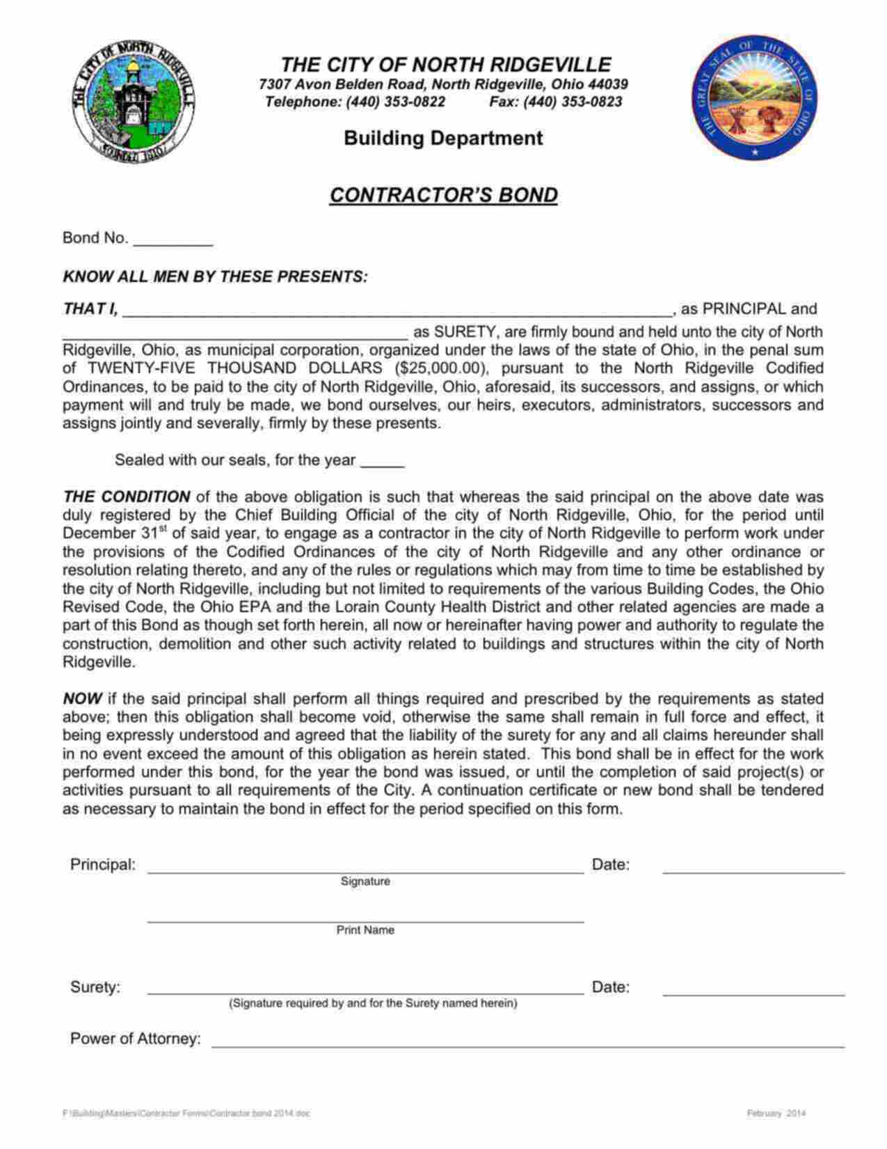 Ohio Contractor Bond Form