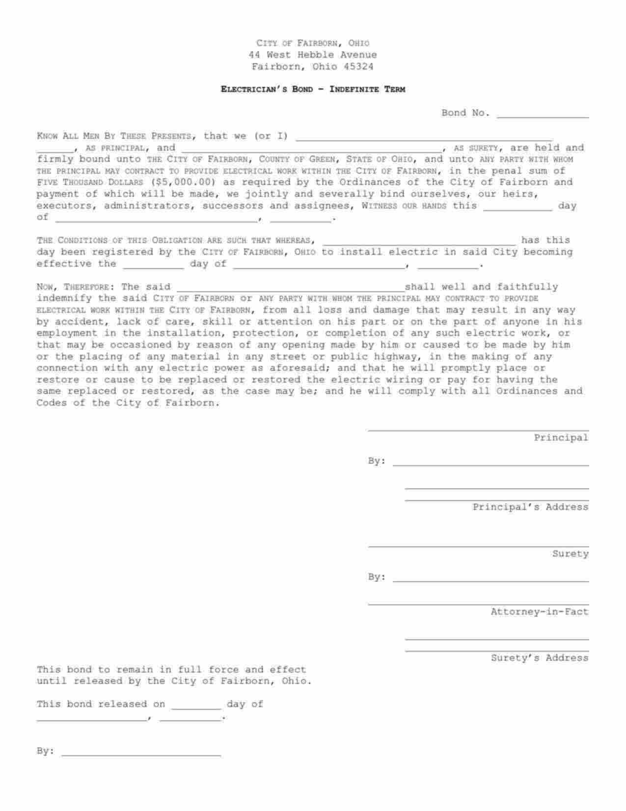 Ohio Electrician Bond Form