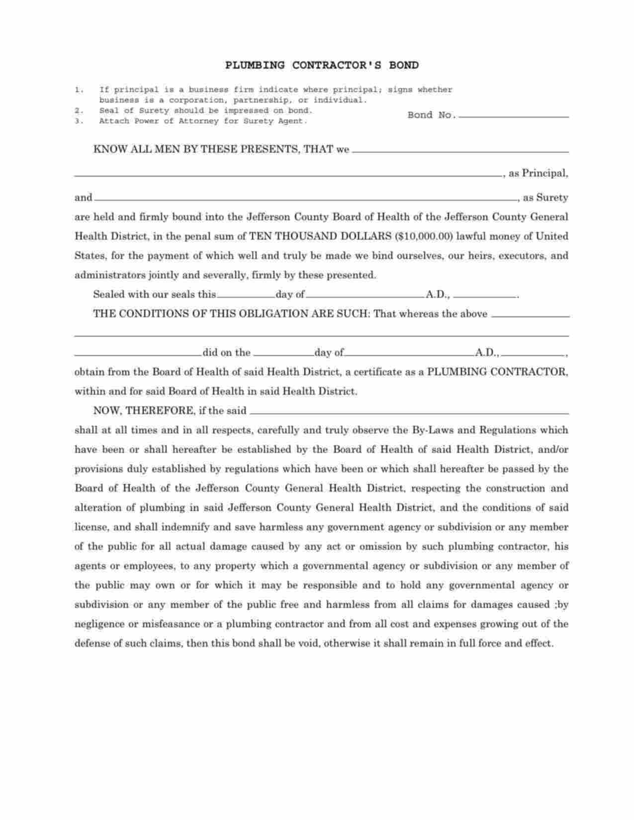 Ohio Plumbing Contractor Bond Form