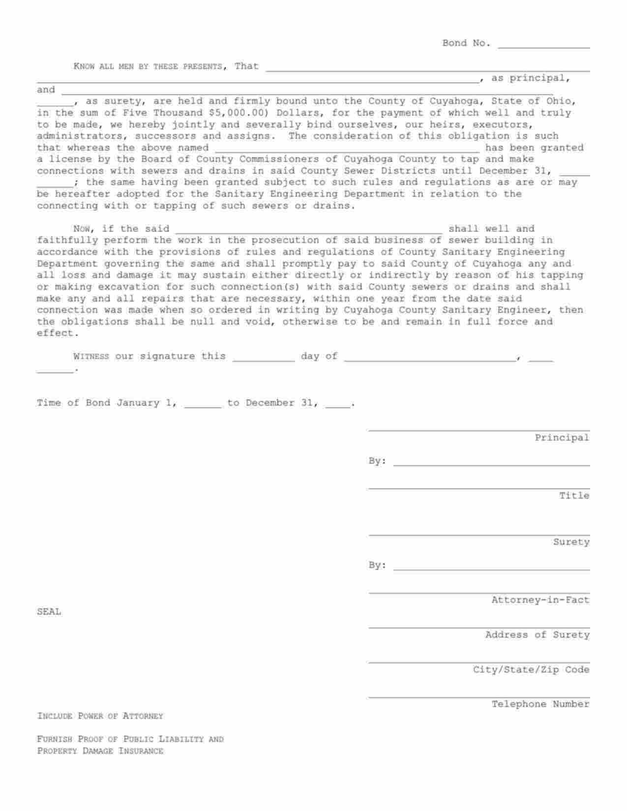 Ohio Sewer Tapper Bond Form