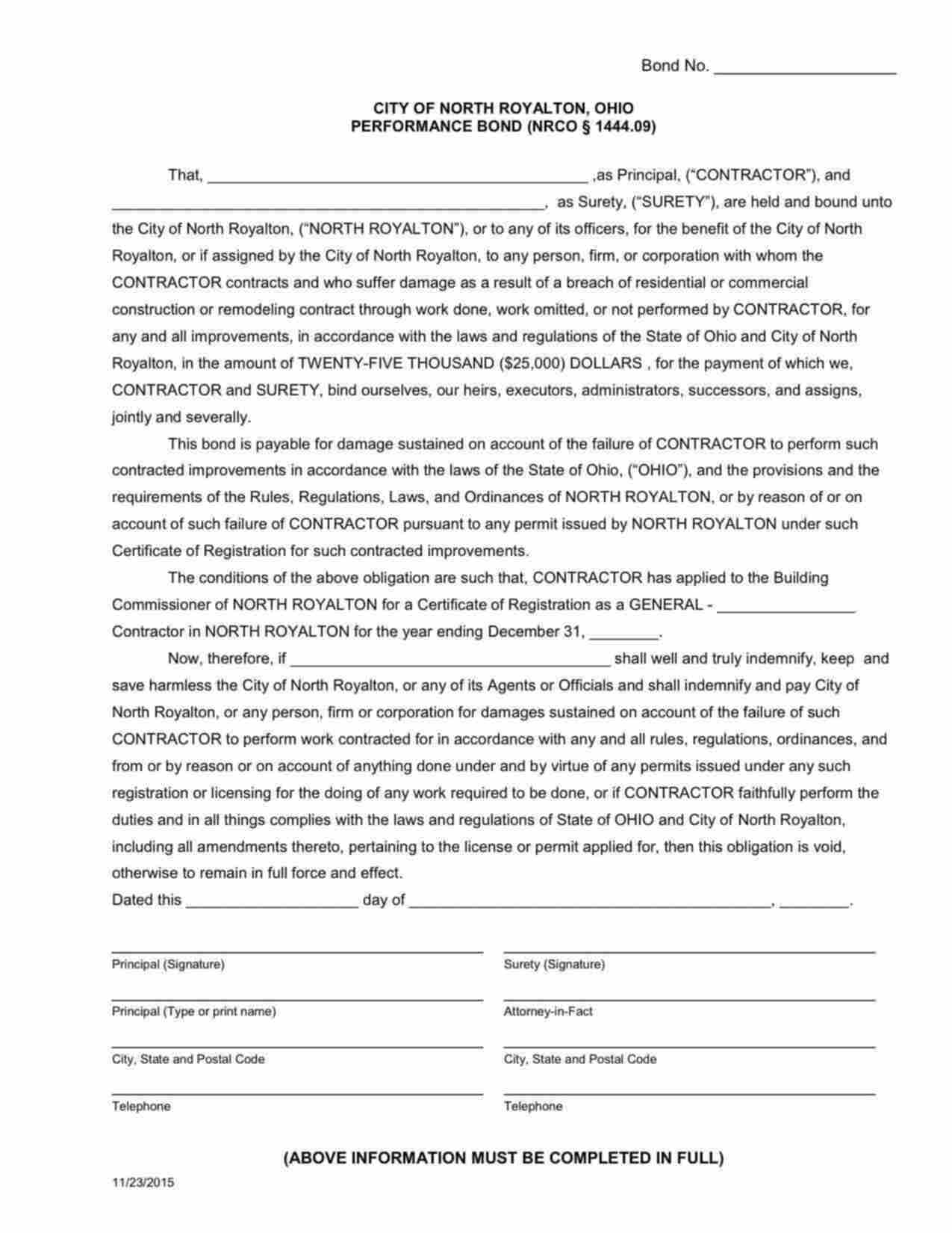 Ohio Contractor Performance Bond Form