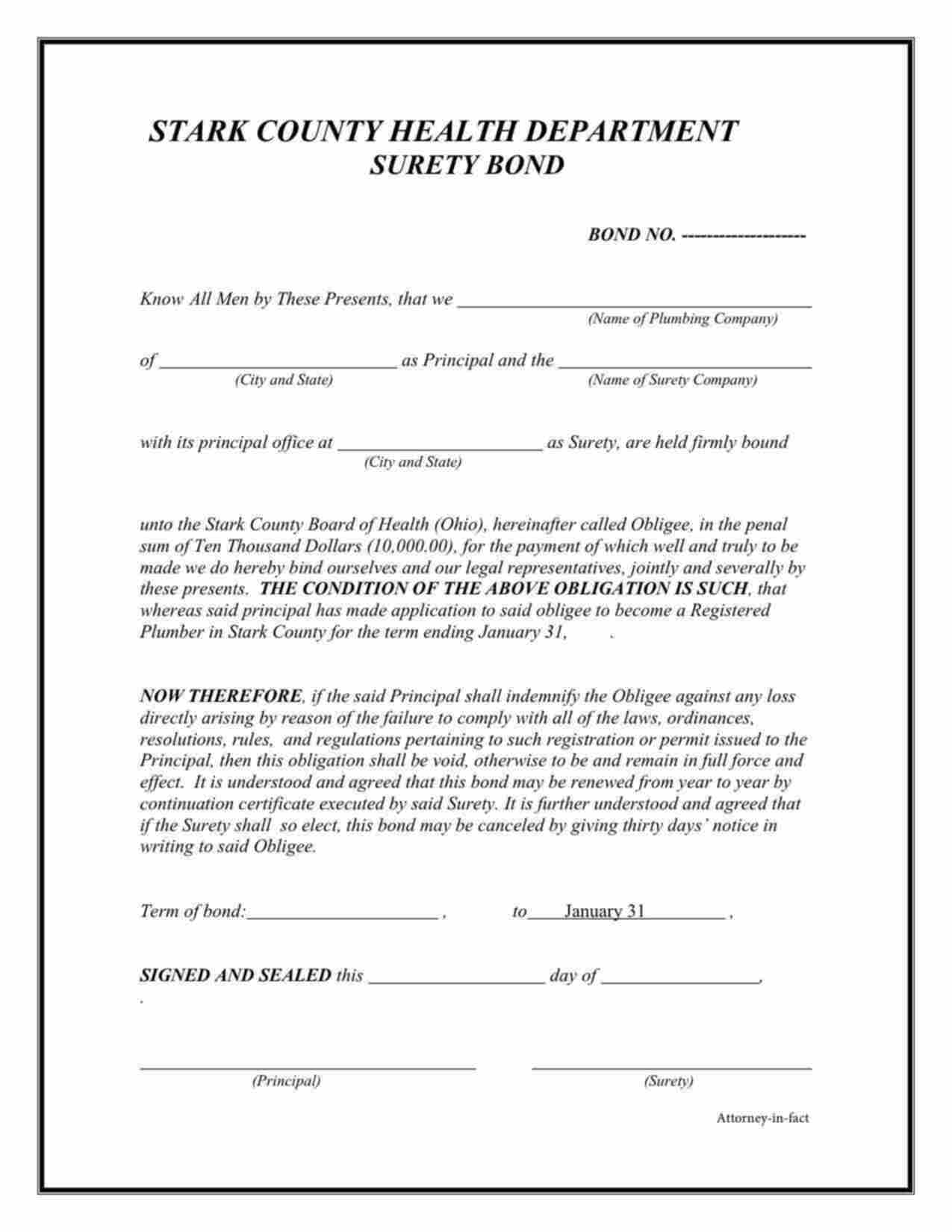 Ohio Registered Plumber Bond Form