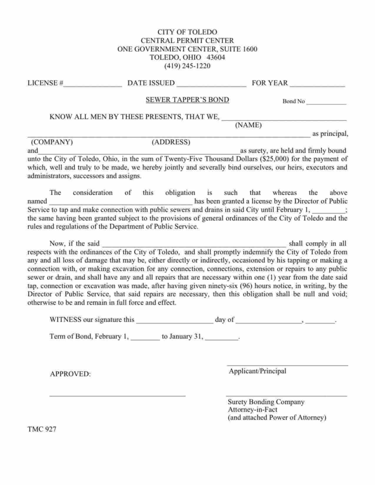 Ohio Sewer Tapper Bond Form