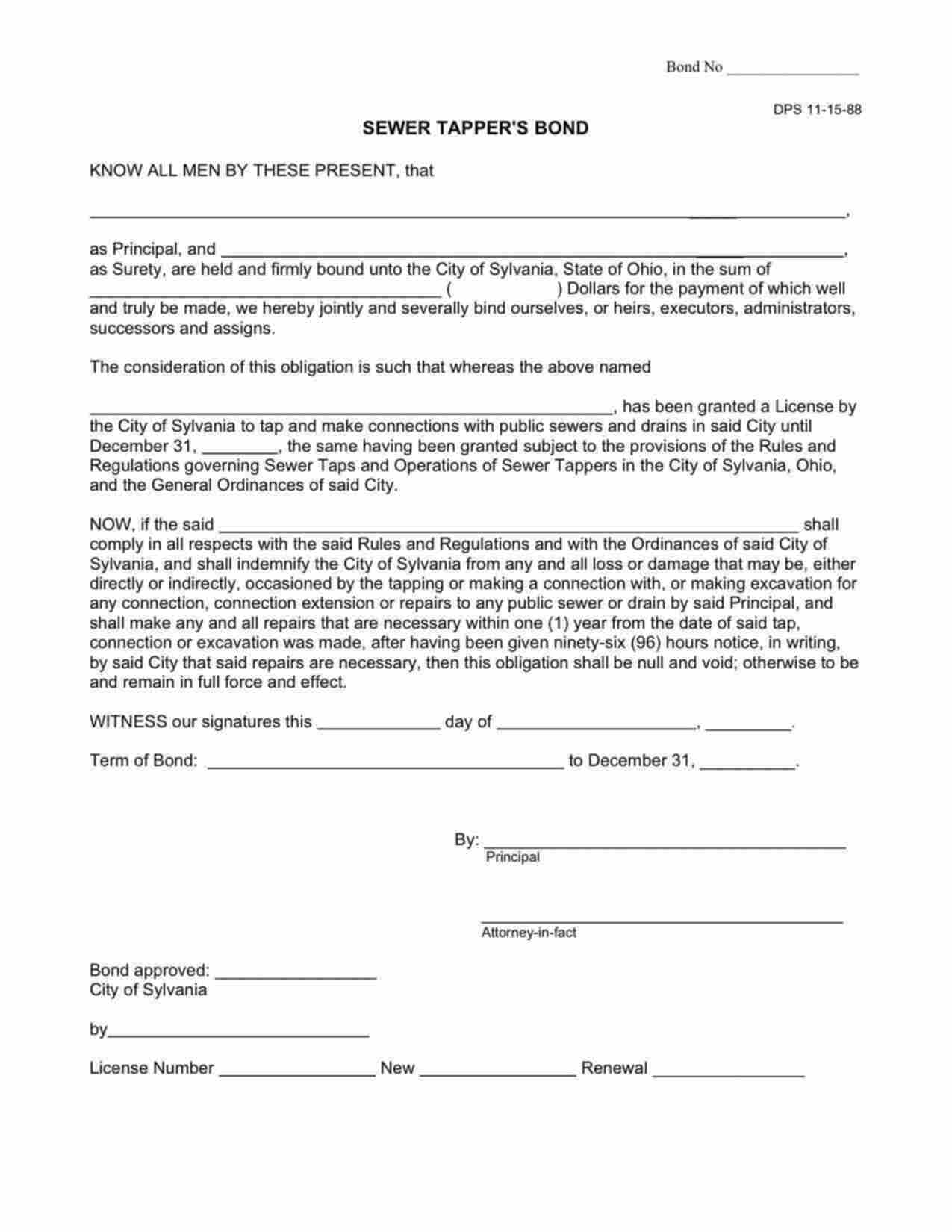 Ohio Sewer Tapper Bond Form