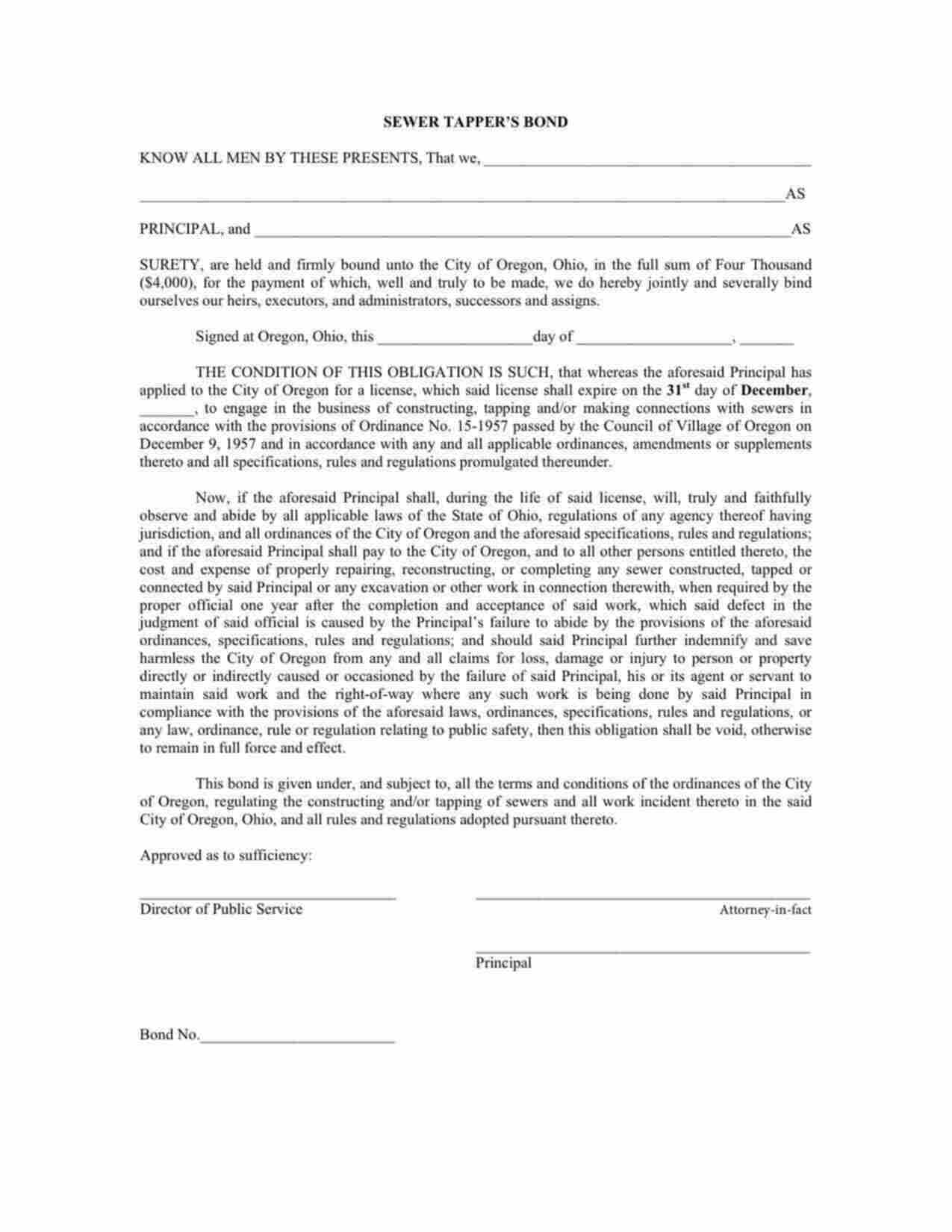 Ohio Sewer Tapper Bond Form