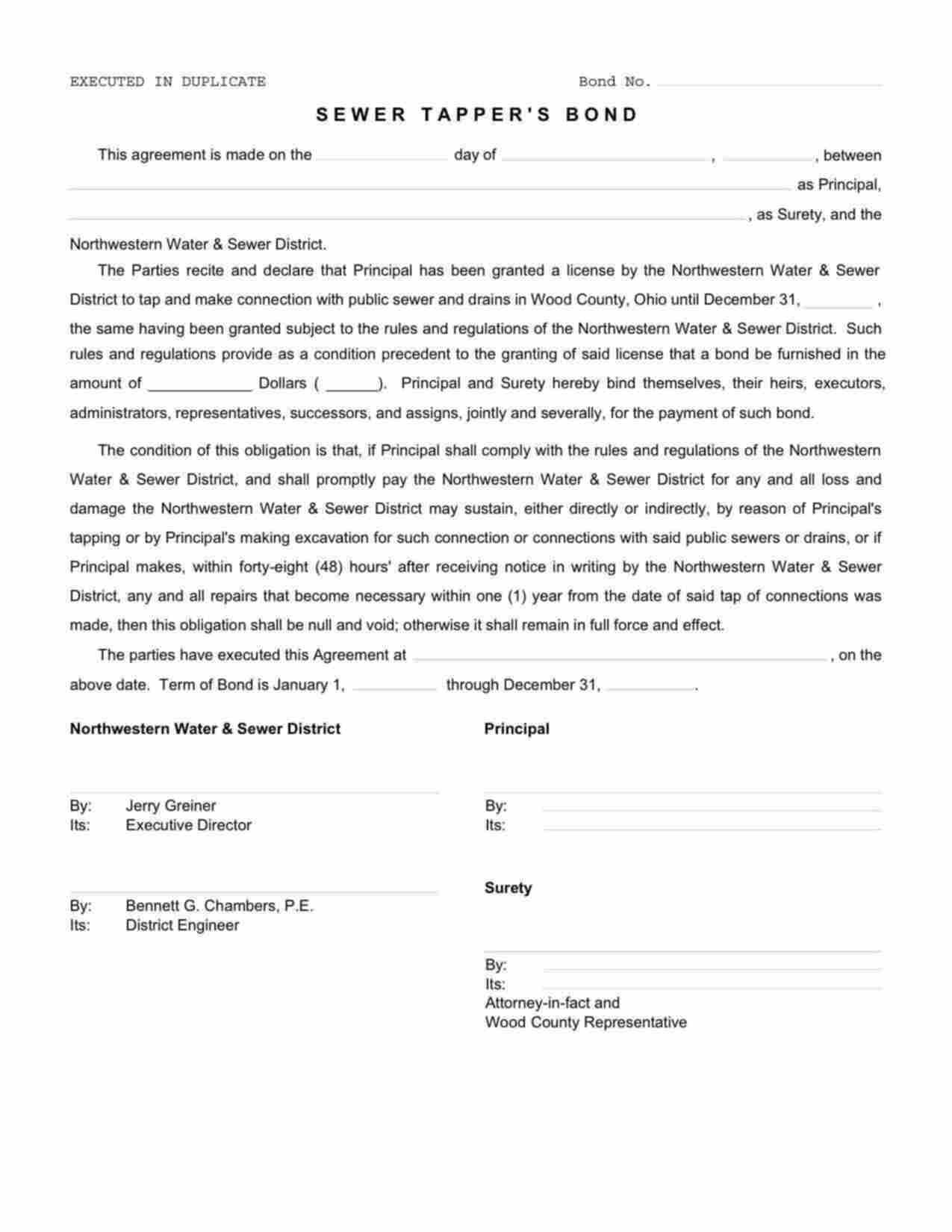 Ohio Sewer Tapper Bond Form