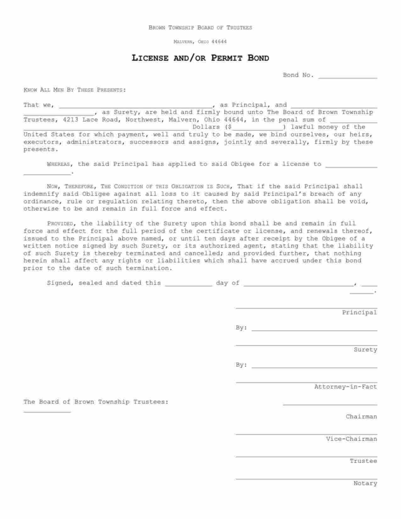 Ohio License and/or Permit Bond Form