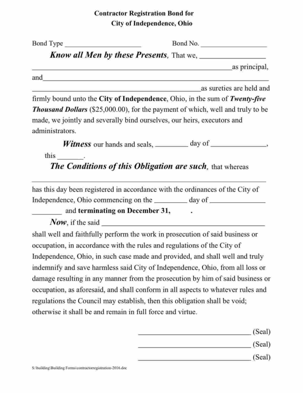 Ohio Contractors Registration Bond Form