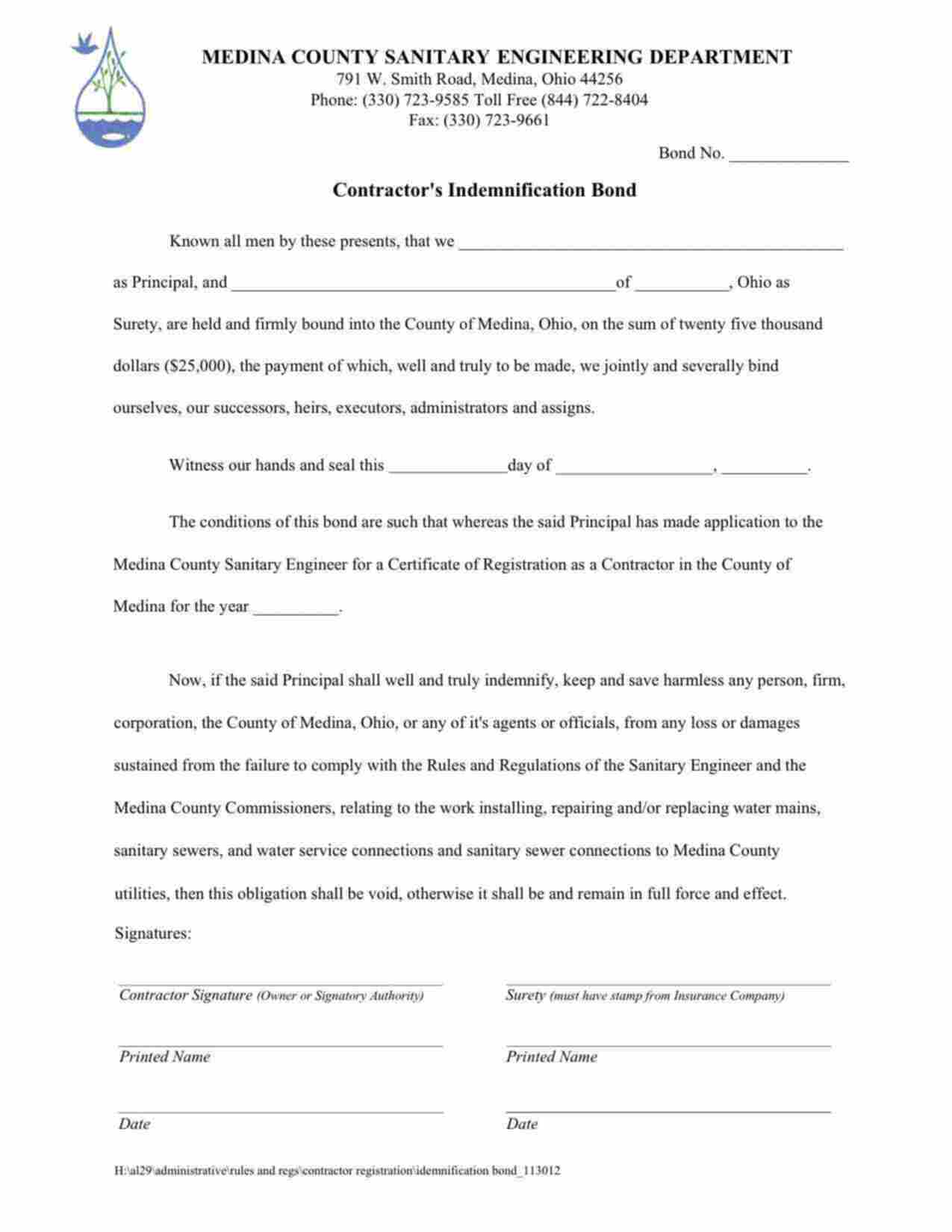 Ohio Contractor's Indemnification Bond Form