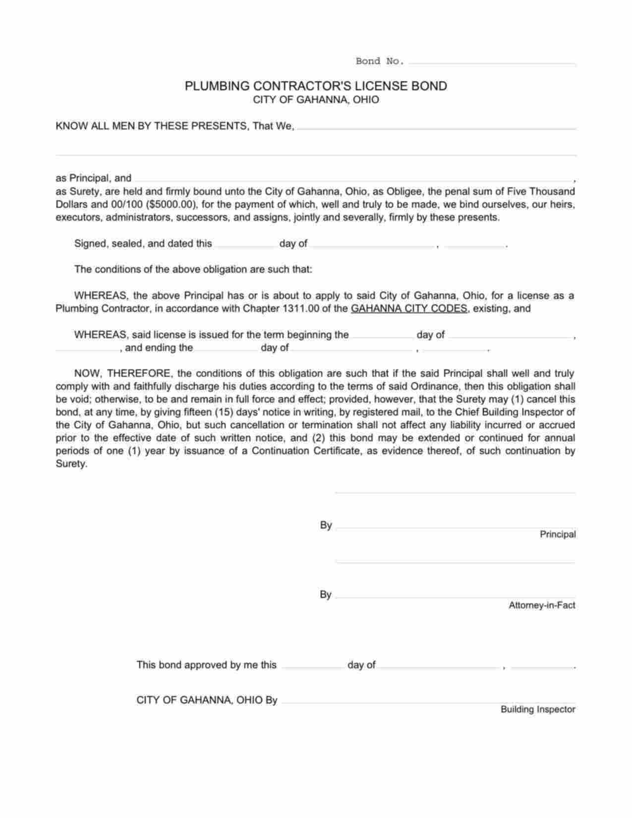 Ohio Plumbing Contractor Bond Form