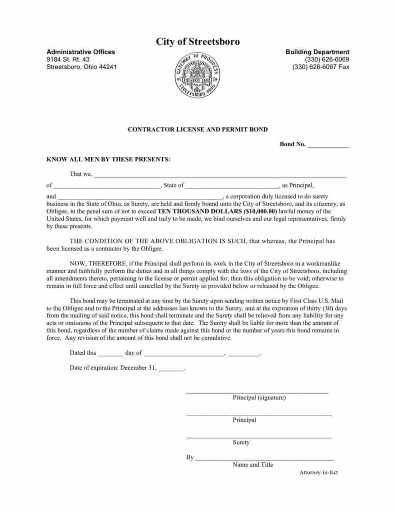 Ohio Contractor License and Permit Bond Form