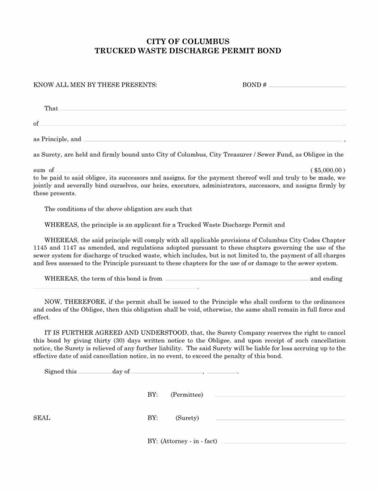 Ohio Truck Waste Discharge Permit Bond Form