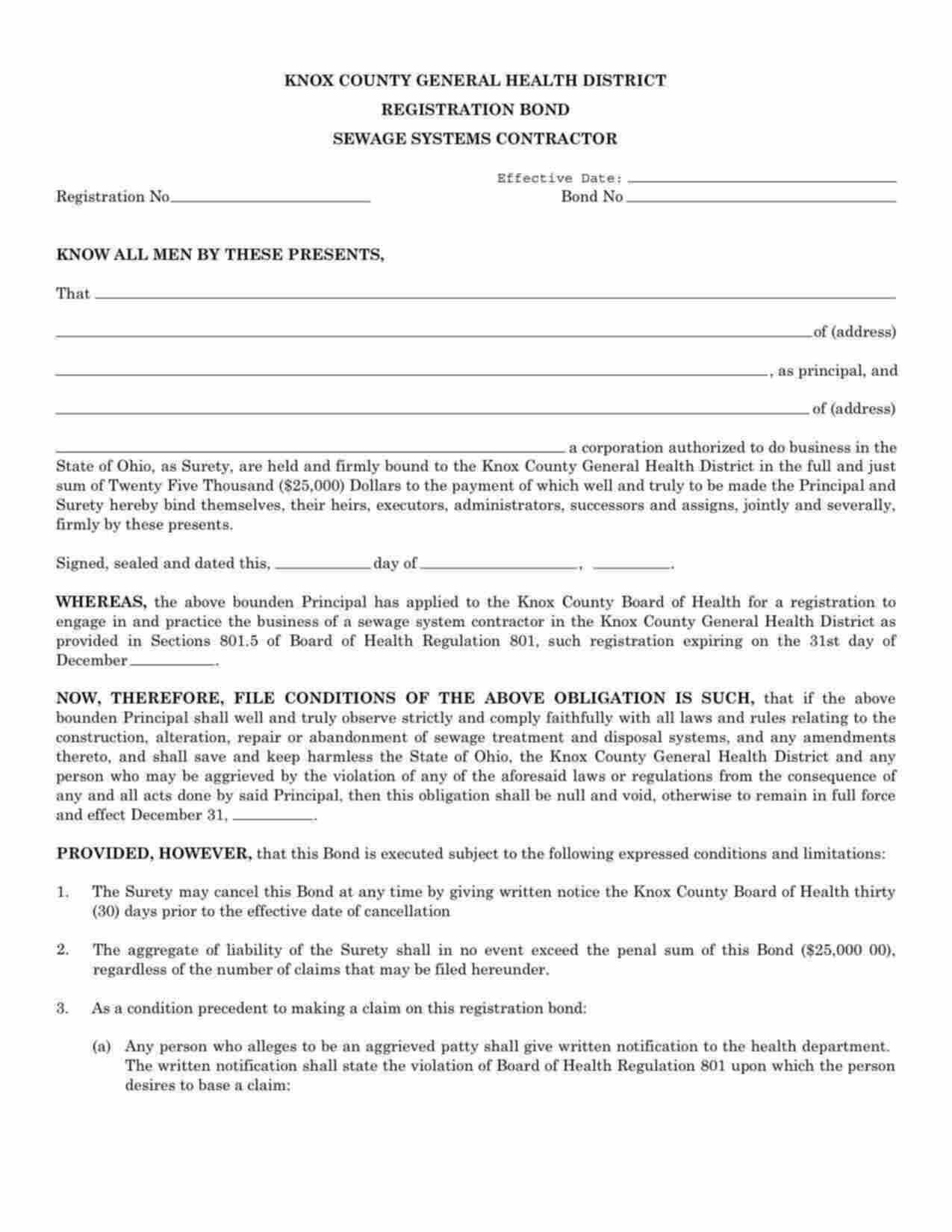 Ohio Sewage Systems Contractor Bond Form