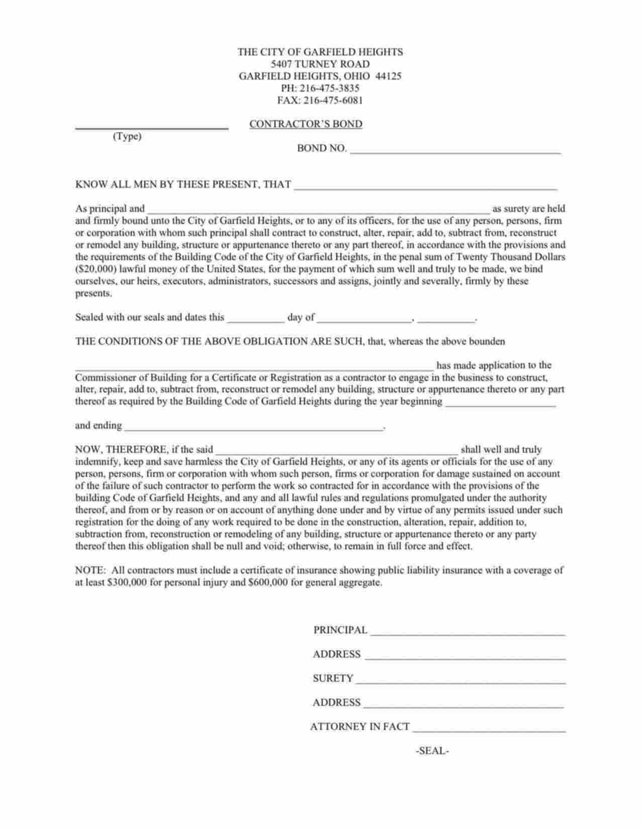 Ohio Contractor Bond Form