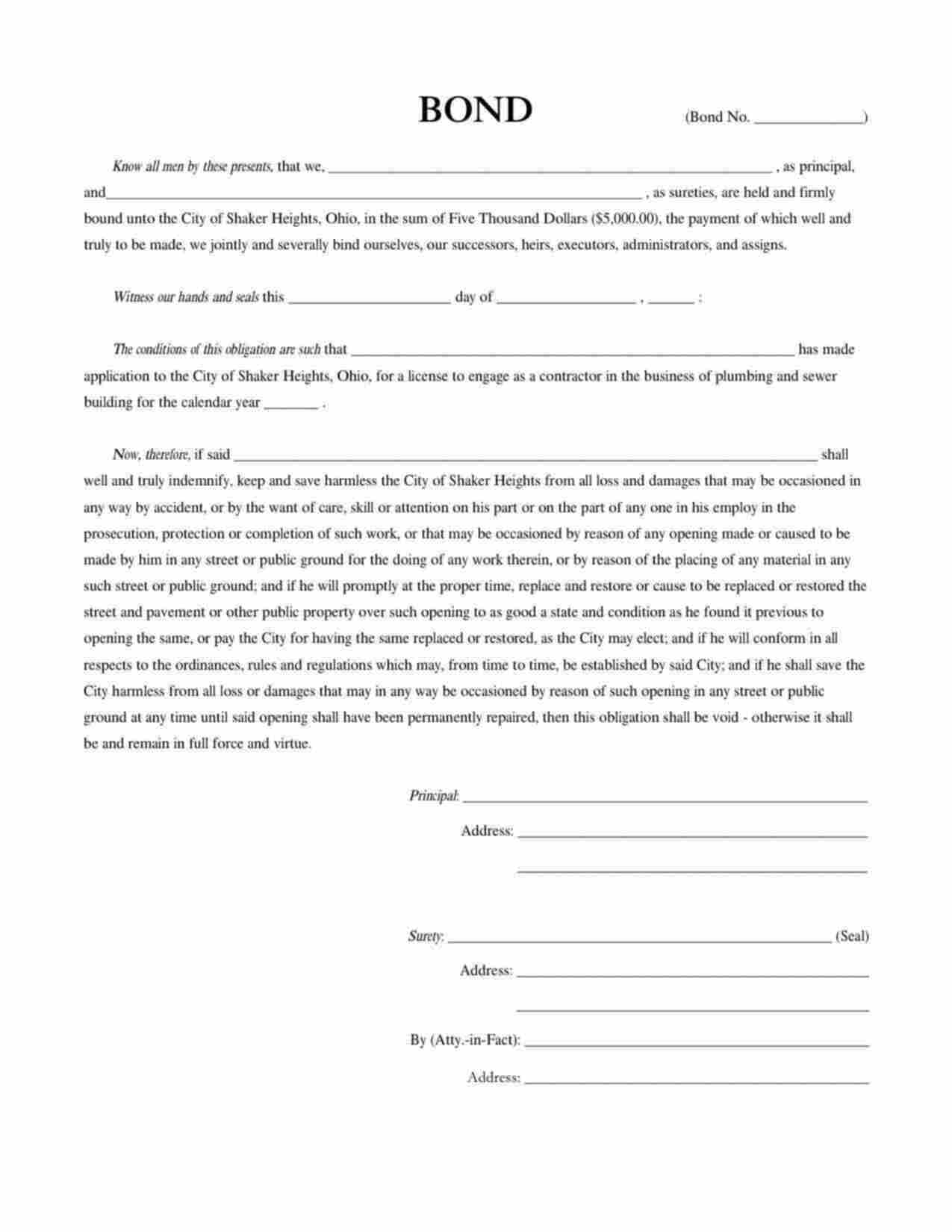 Ohio Plumbing and Sewer Building Bond Form