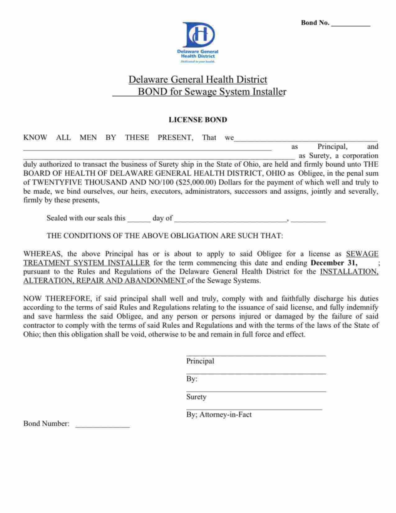 Ohio Sewage System Installer Bond Form