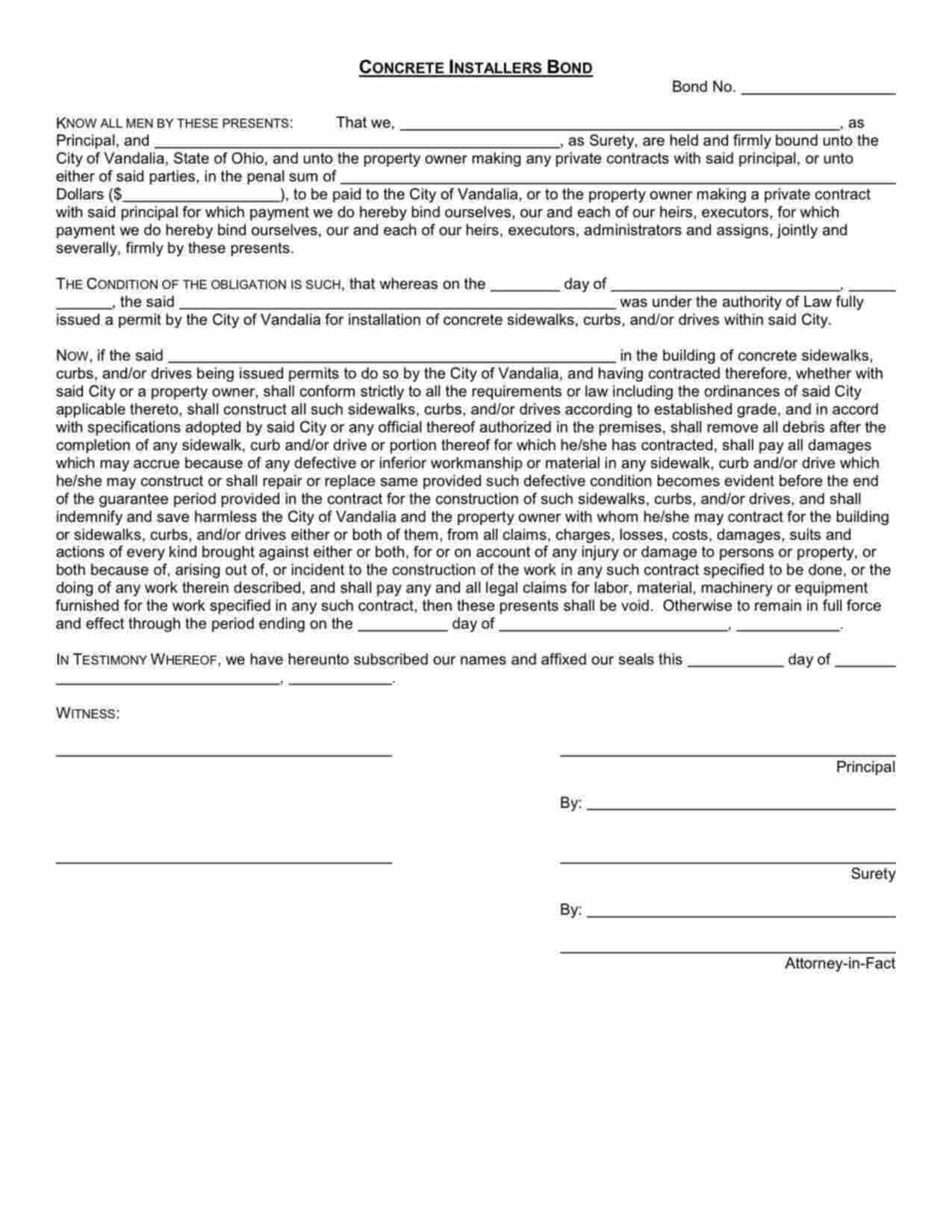 Ohio Concrete Installer Bond Form