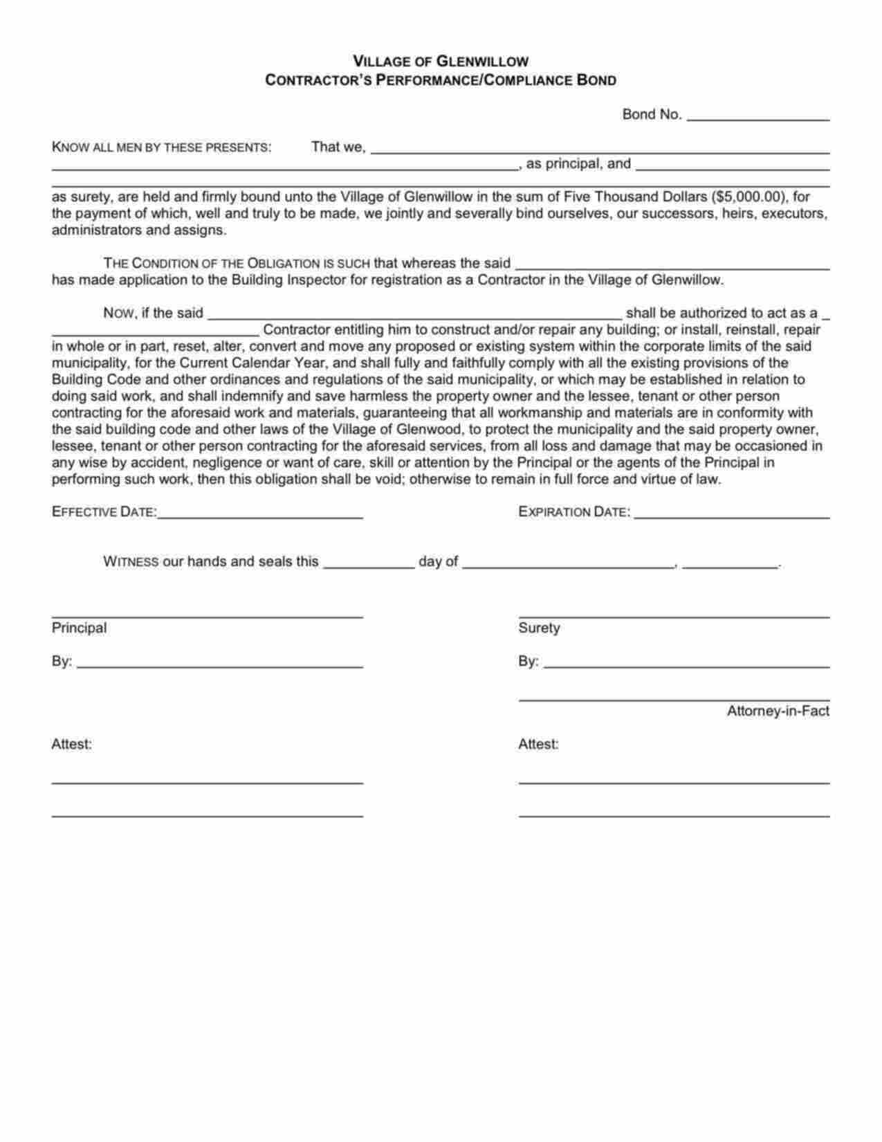 Ohio Contractor's Performance/Compliance Bond Form