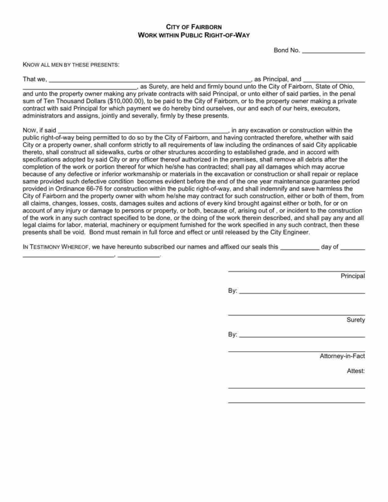 Ohio Right-of-Way Bond Form