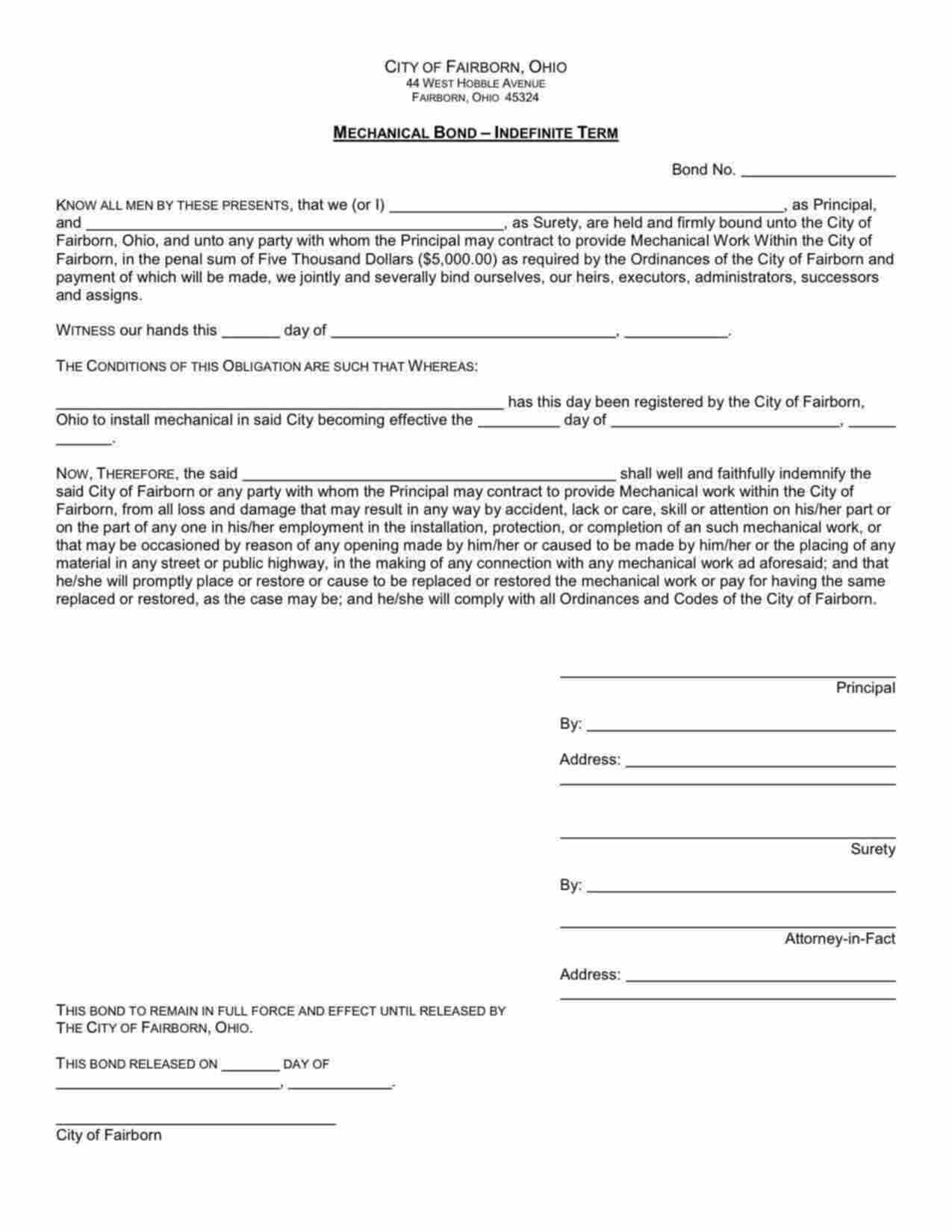 Ohio Mechanical Contractor Bond Form