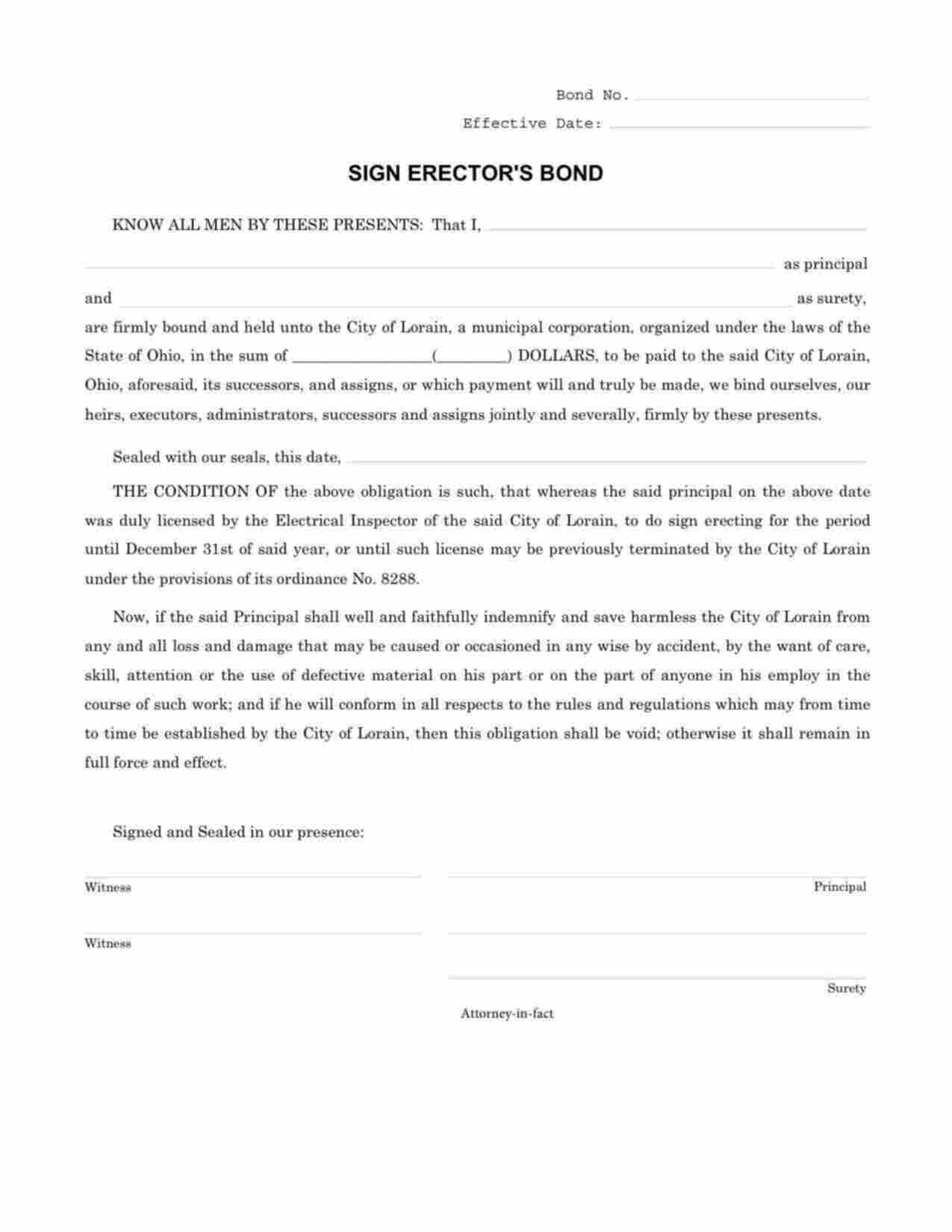 Ohio Sign Erector Bond Form