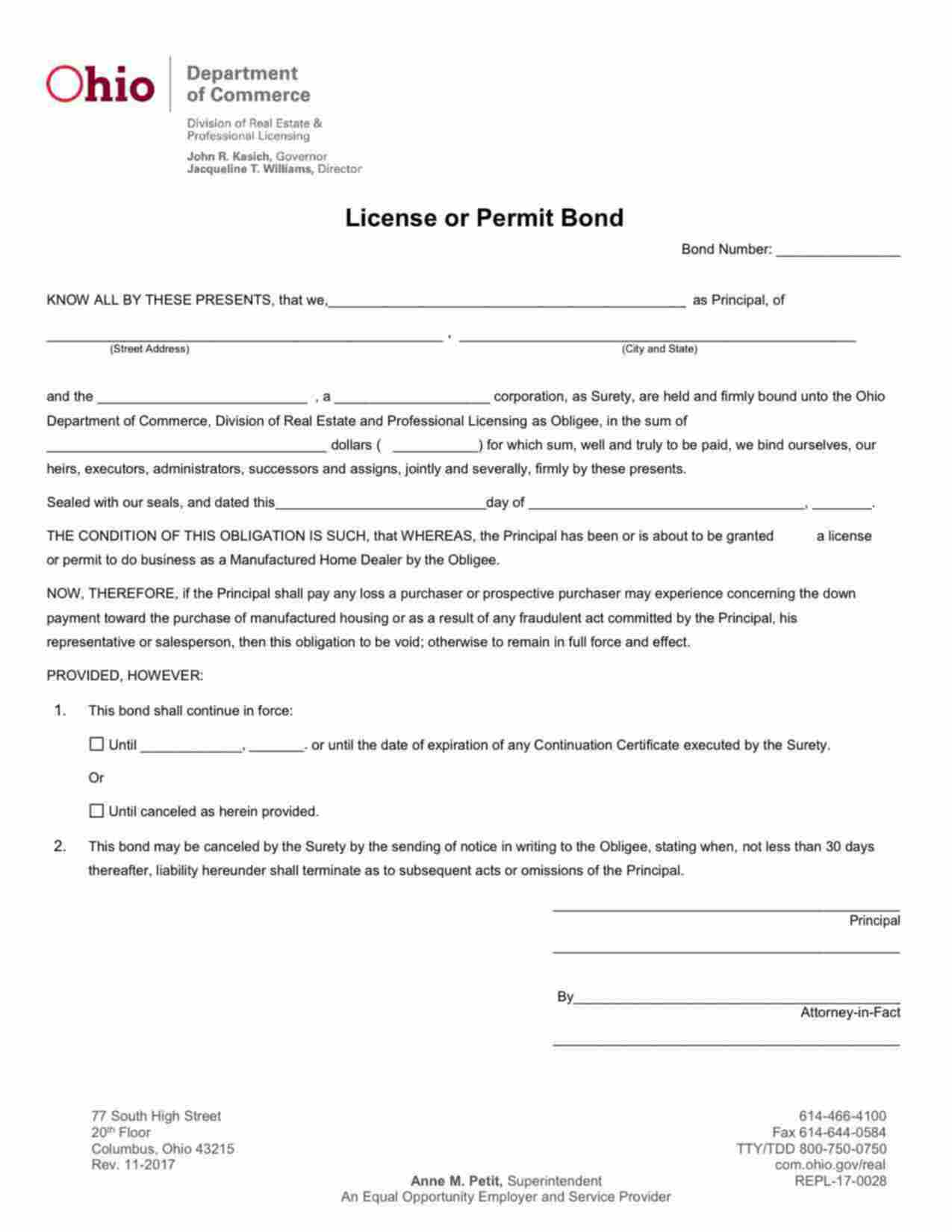 Ohio Manufactured Home Dealer Bond Form