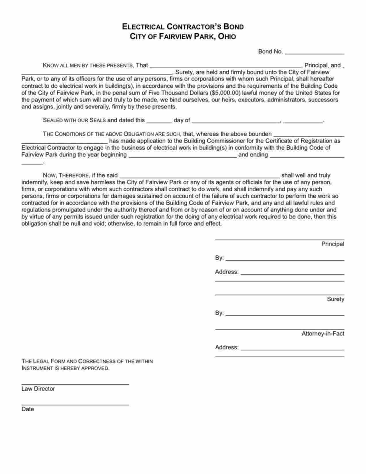 Ohio Electrical Contractor Bond Form