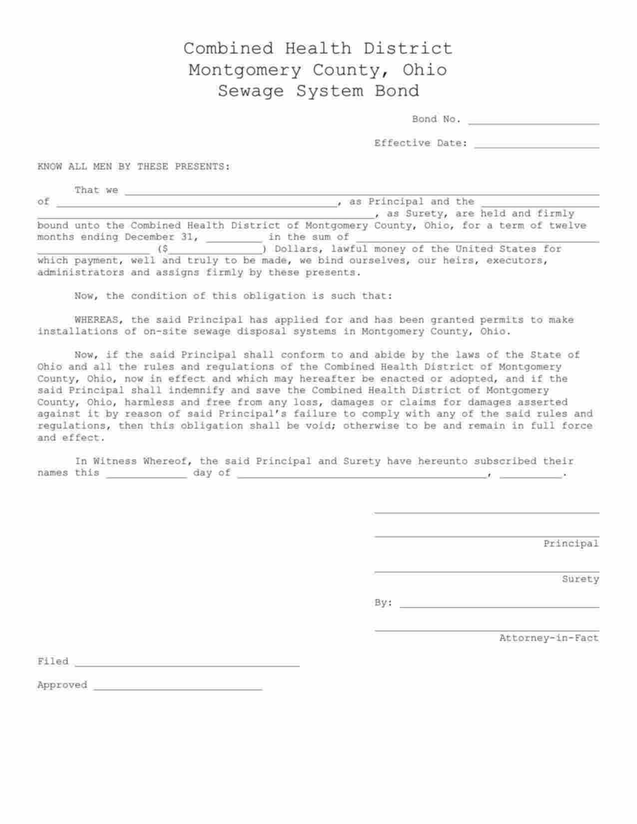 Ohio Sewage System Installer Bond Form