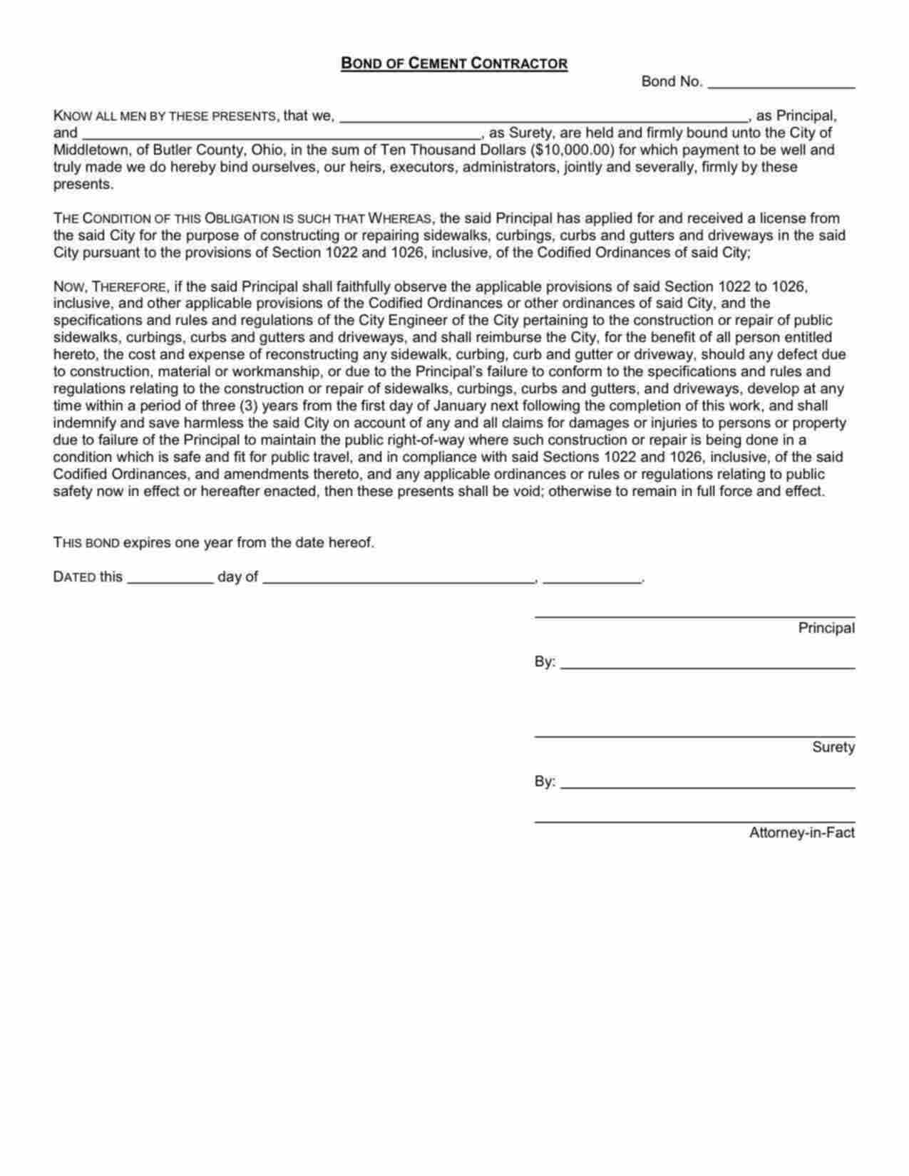 Ohio Cement Contractor Bond Form