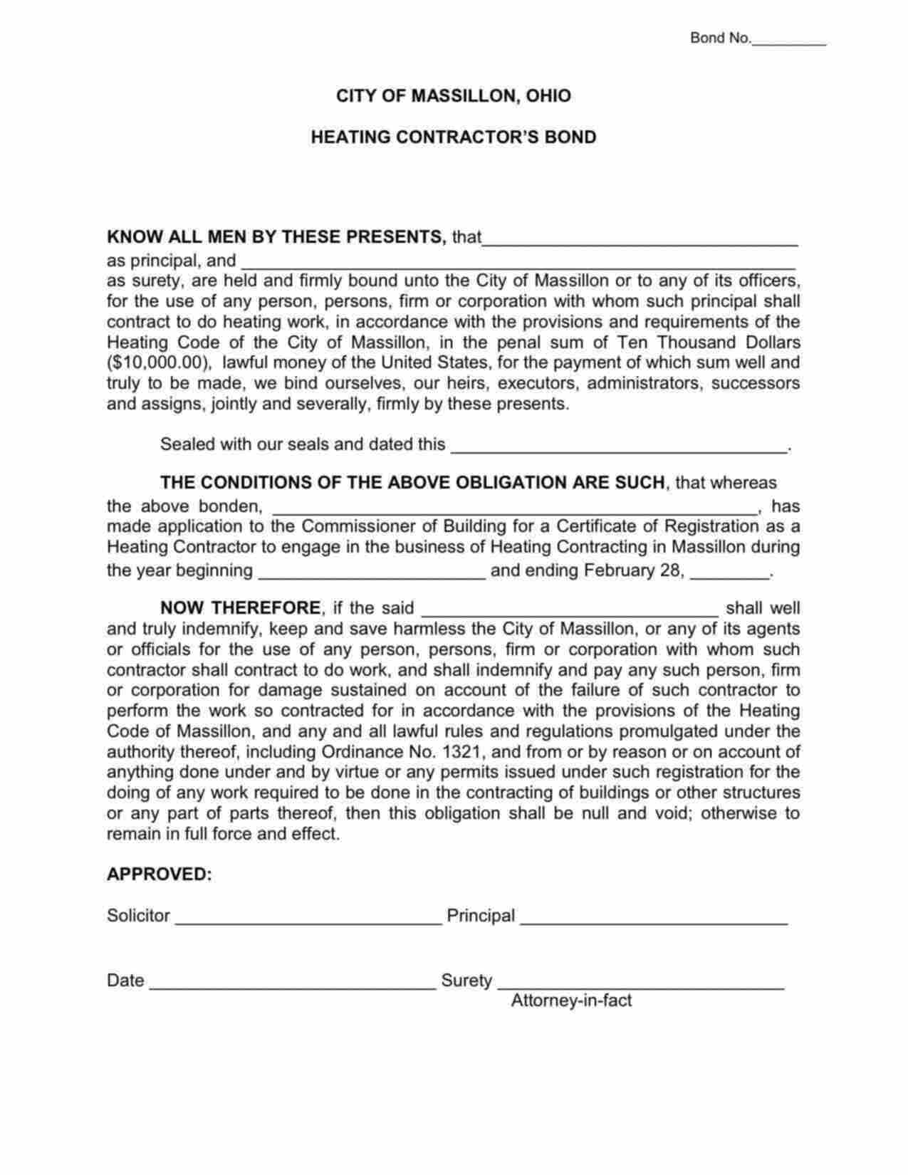 Ohio Heating Contractor Bond Form