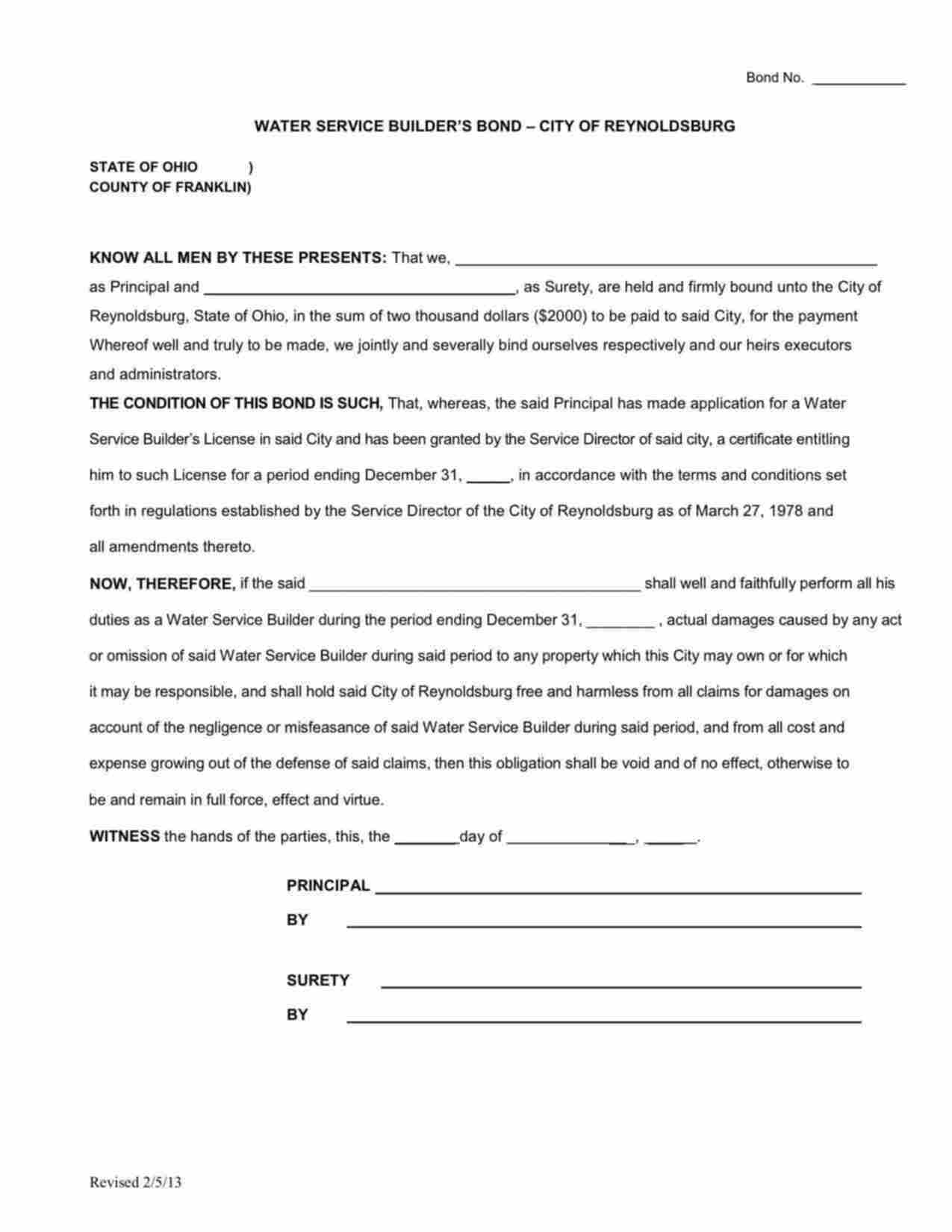 Ohio Water Service Builder Bond Form